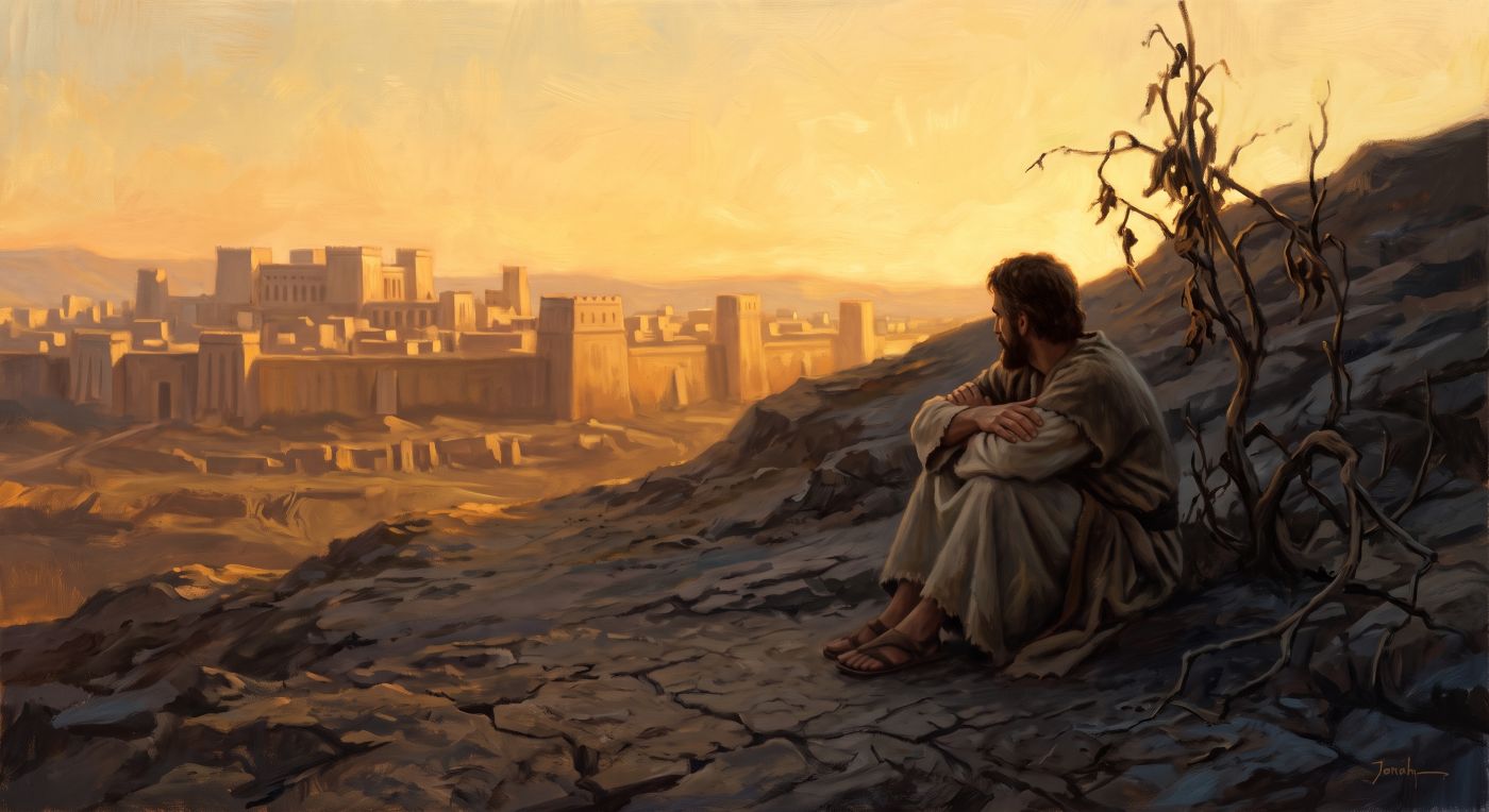 An oil painting in a warm golden-orange hue, depicting a bearded man in ancient robed clothing sitting alone on a cracked, rocky desert hill. He is hugging his knees and gazing down into a vast, sprawling ancient walled city bathed in sunlight. Beside him on the hill is a single, dead, skeletal shrub, contrasting with the active city in the distance. The overall tone is contemplative and vast. An oil painting in a warm golden-orange hue, depicting a bearded man in ancient robed clothing sitting alone on a cracked, rocky desert hill. He is hugging his knees and gazing down into a vast, sprawling ancient walled city bathed in sunlight. Beside him on the hill is a single, dead, skeletal shrub, contrasting with the active city in the distance. The overall tone is contemplative and vast.