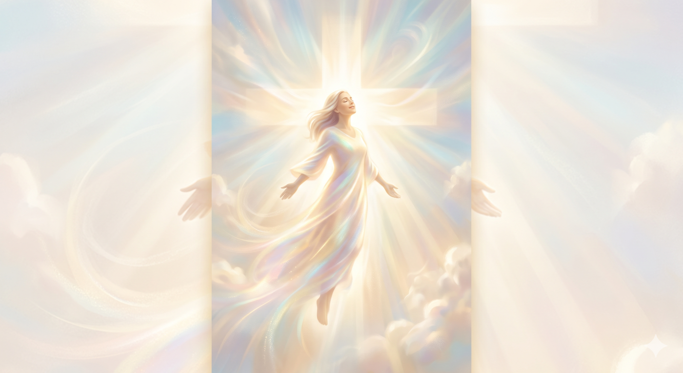 A glowing, peaceful human figure, representing a believer’s soul, awakening into a soft golden light and rising upward, with a subtle light cross visible in the warm, bright background. A glowing, peaceful human figure, representing a believer’s soul, awakening into a soft golden light and rising upward, with a subtle light cross visible in the warm, bright background.