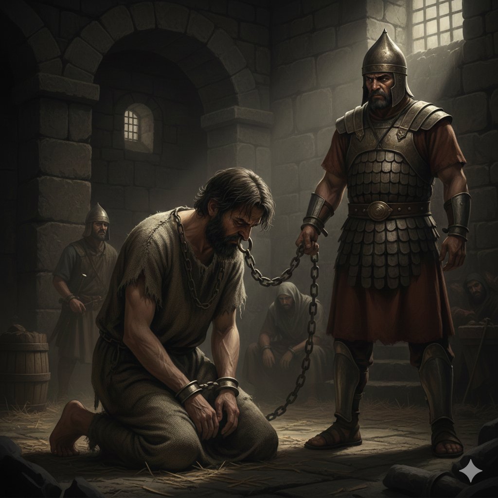 King Manasseh in Assyrian captivity, bound in chains and humbled in a dungeon before the repentance of king manasseh.