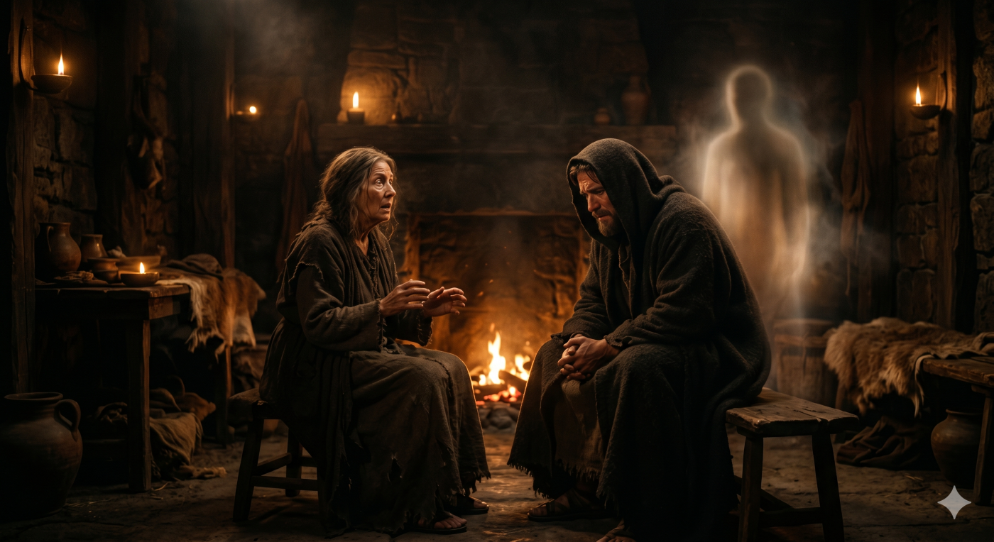 King Saul in a hooded cloak sits distressed across from the medium of Endor in a dark, firelit stone room as a glowing, indistinct human silhouette rises behind him.