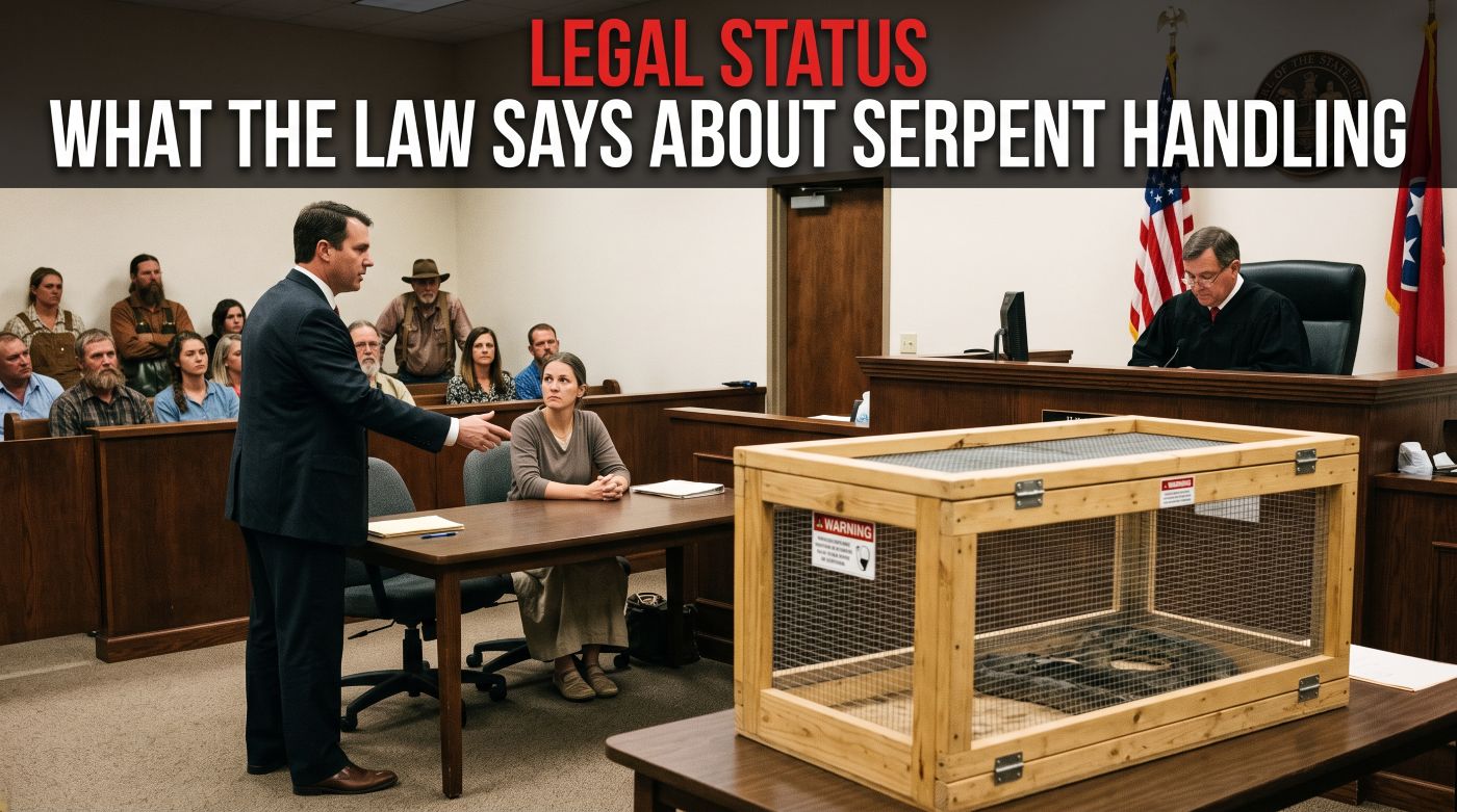 A courtroom scene featuring a judge, a lawyer addressing a defendant, and a wooden mesh cage containing a snake sitting on a table in the foreground beneath the headline text "LEGAL STATUS: WHAT THE LAW SAYS ABOUT SERPENT HANDLING