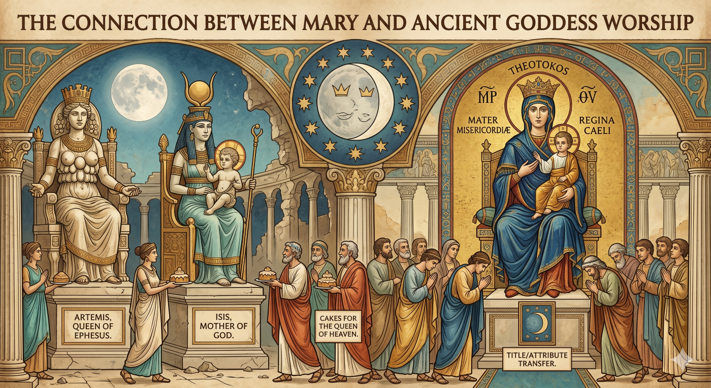 A split illustration comparing pre-Christian and Catholic depictions. The left, representing 'Pagan Origins,' shows a diverse procession of robed pagan worshippers offering small cakes to ancient, crowned statues of 'ARTEMIS OF EPHESUS' and 'ISIS OF EGYPT' in a classical, shadowed temple. Text at the top reads: 'PAGAN ORIGINS: GODDESS WORSHIP'. The right, 'Christian Tradition,' shows a bright Catholic cathedral setting with a diverse group of people kneeling and praying before a prominent, decorated, lit statue of the Virgin Mary holding the infant Jesus. Text at the top reads: 'CHRISTIAN TRADITION: VENERATION OF MARY'. The image header reads, 'THE CONNECTION BETWEEN MARY AND ANCIENT GODDESS WORSHIP'. The image has a textured, classical illustration style. A split illustration comparing pre-Christian and Catholic depictions. The left, representing 'Pagan Origins,' shows a diverse procession of robed pagan worshippers offering small cakes to ancient, crowned statues of 'ARTEMIS OF EPHESUS' and 'ISIS OF EGYPT' in a classical, shadowed temple. Text at the top reads: 'PAGAN ORIGINS: GODDESS WORSHIP'. The right, 'Christian Tradition,' shows a bright Catholic cathedral setting with a diverse group of people kneeling and praying before a prominent, decorated, lit statue of the Virgin Mary holding the infant Jesus. Text at the top reads: 'CHRISTIAN TRADITION: VENERATION OF MARY'. The image header reads, 'THE CONNECTION BETWEEN MARY AND ANCIENT GODDESS WORSHIP'. The image has a textured, classical illustration style.