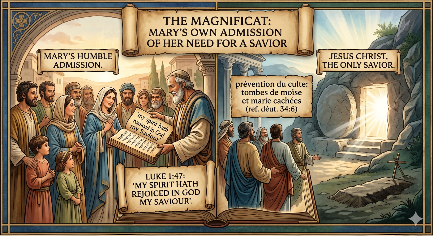 A split-panel illustration in a detailed, classical style with distinct borders, suitable for a header block. The left panel, representing "Mary's Humanity," shows a diverse group of simple first-century believers focused on a hand holding a glowing, unfurled parchment with the Hebrew/Aramaic text of Luke 1:47, including the key phrase, "my spirit hath rejoiced in God my Saviour." Text at the top reads: "MARY'S HUMBLE ADMISSION." The right panel, representing "Christ as Savior," shows the empty tomb of Jesus with a bright, ethereal light emanating from it, contrasting with the shadowed interior of Mary's unknown burial site. Text at the top reads: "JESUS CHRIST, THE ONLY SAVIOR." A single, unified header above both panels asks: "THE MAGNIFICAT: MARY'S OWN ADMISSION OF HER NEED FOR A SAVIOR". The overall style is that of an aged fresco with rich blues, gold, and terracotta tones. A split-panel illustration in a detailed, classical style with distinct borders, suitable for a header block. The left panel, representing "Mary's Humanity," shows a diverse group of simple first-century believers focused on a hand holding a glowing, unfurled parchment with the Hebrew/Aramaic text of Luke 1:47, including the key phrase, "my spirit hath rejoiced in God my Saviour." Text at the top reads: "MARY'S HUMBLE ADMISSION." The right panel, representing "Christ as Savior," shows the empty tomb of Jesus with a bright, ethereal light emanating from it, contrasting with the shadowed interior of Mary's unknown burial site. Text at the top reads: "JESUS CHRIST, THE ONLY SAVIOR." A single, unified header above both panels asks: "THE MAGNIFICAT: MARY'S OWN ADMISSION OF HER NEED FOR A SAVIOR". The overall style is that of an aged fresco with rich blues, gold, and terracotta tones.