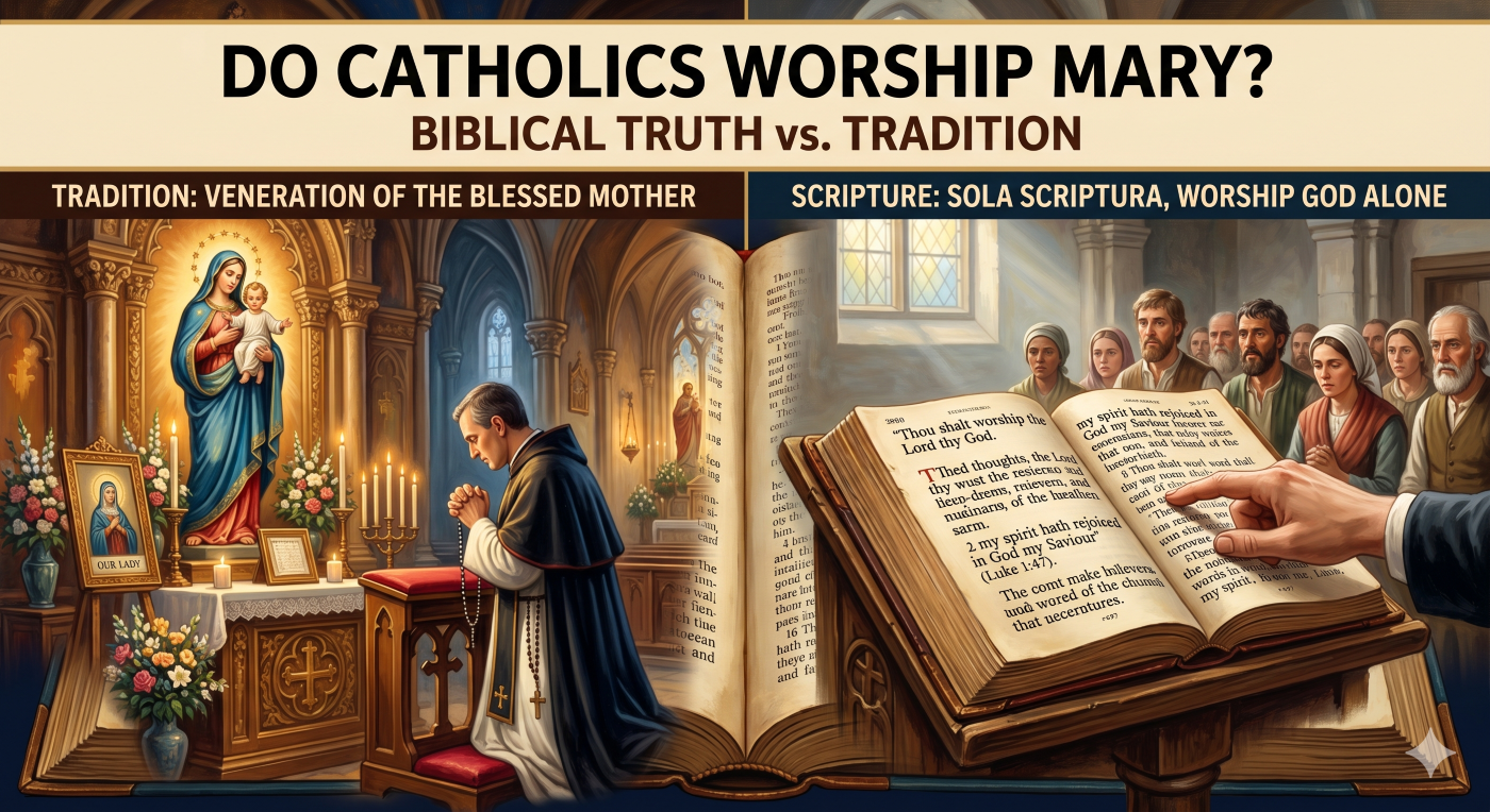A split-panel illustration comparing Catholic tradition with a focus on the Bible regarding the Virgin Mary. A split-panel illustration comparing Catholic tradition with a focus on the Bible regarding the Virgin Mary.