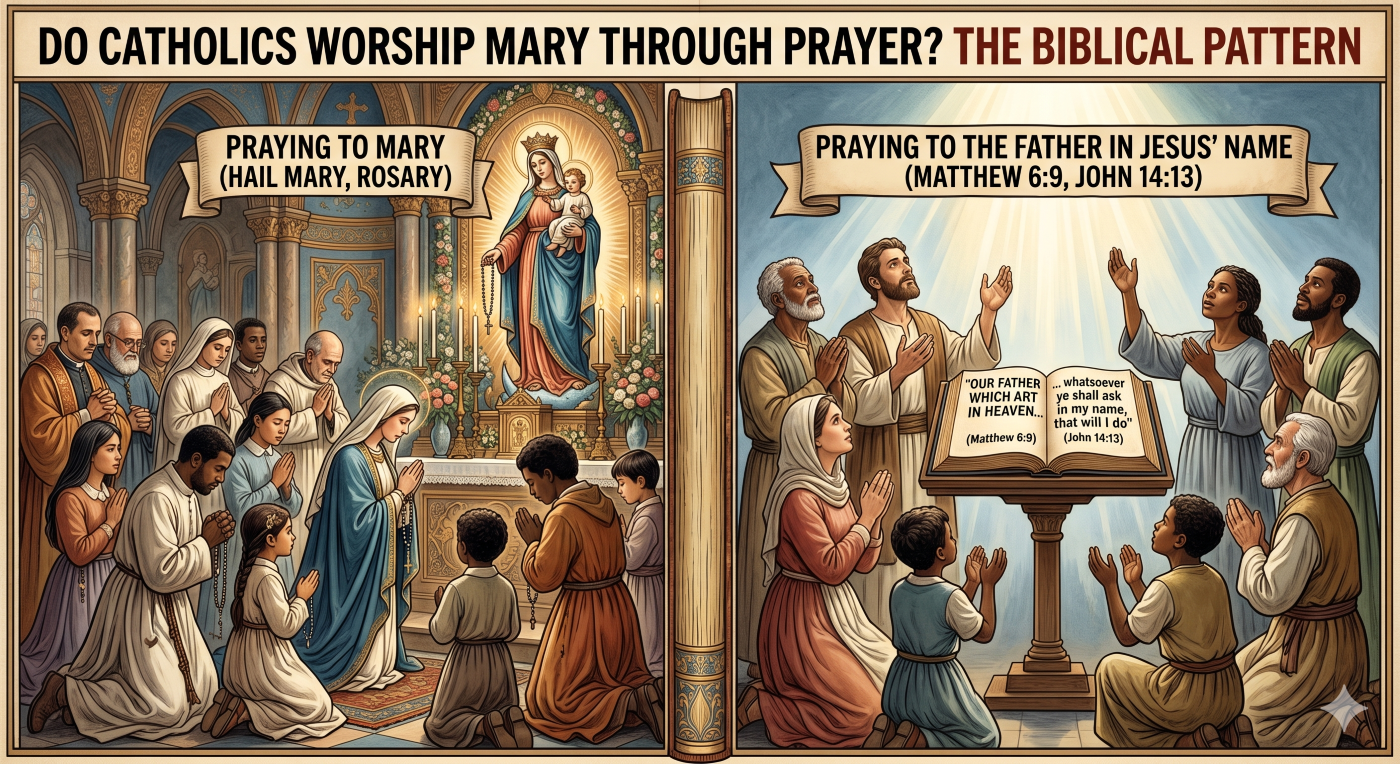 A split illustration, suitable for an SBI BB2 block, contrasting two concepts. The left panel, labeled "TRADITION," shows a diverse, robed Catholic crowd in an ornate church, kneeling and praying towards a prominent, decorated, lit statue of the Virgin Mary holding the infant Jesus. A banner text above reads: "PRAYING TO MARY (HAIL MARY, ROSARY)." The right panel, labeled "BIBLICAL PATTERN," shows a diverse group of simply dressed Christians of multiple generations and ethnicities, with hands raised in prayer, looking up to a bright, spiritual light in a simple setting with a large open Bible on a pulpit. A banner text above reads: "PRAYING TO THE FATHER IN JESUS' NAME (MATTHEW 6:9, JOHN 14:13)." The overall style is that of a textured, classical illustration with rich, muted colors. A split illustration, suitable for an SBI BB2 block, contrasting two concepts. The left panel, labeled "TRADITION," shows a diverse, robed Catholic crowd in an ornate church, kneeling and praying towards a prominent, decorated, lit statue of the Virgin Mary holding the infant Jesus. A banner text above reads: "PRAYING TO MARY (HAIL MARY, ROSARY)." The right panel, labeled "BIBLICAL PATTERN," shows a diverse group of simply dressed Christians of multiple generations and ethnicities, with hands raised in prayer, looking up to a bright, spiritual light in a simple setting with a large open Bible on a pulpit. A banner text above reads: "PRAYING TO THE FATHER IN JESUS' NAME (MATTHEW 6:9, JOHN 14:13)." The overall style is that of a textured, classical illustration with rich, muted colors.
