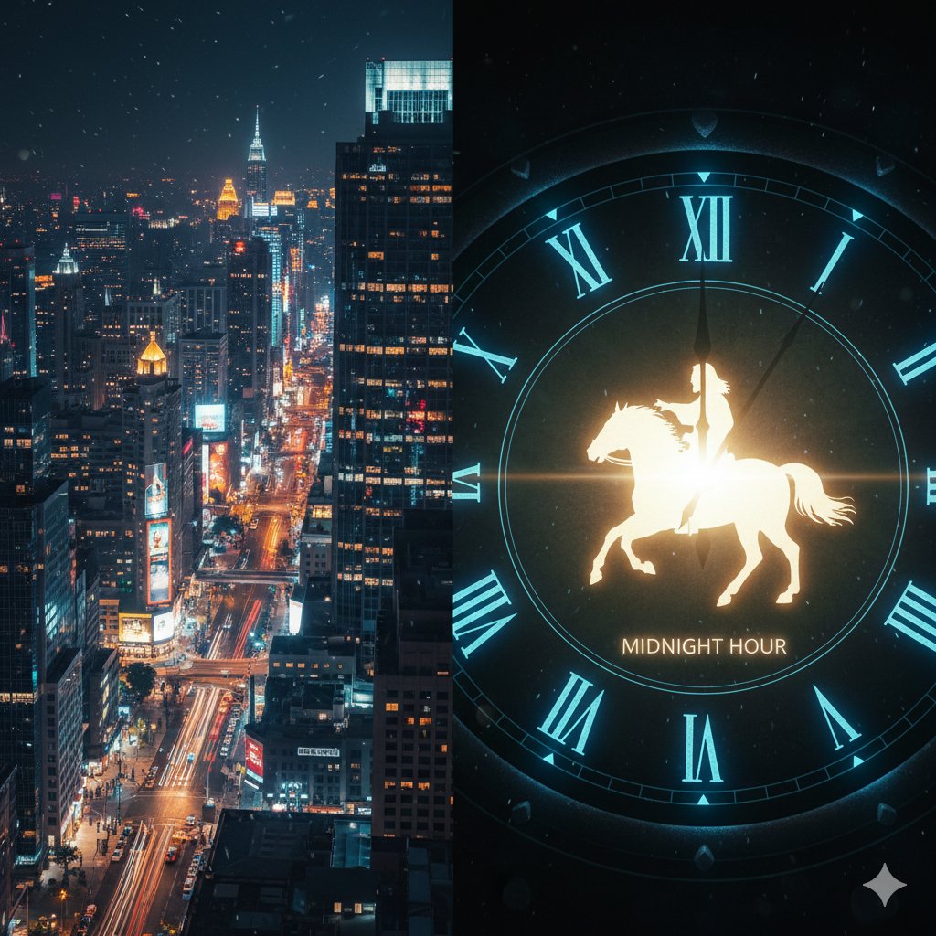 A modern city skyline contrasted with the prophetic midnight hour. A modern city skyline contrasted with the prophetic midnight hour.