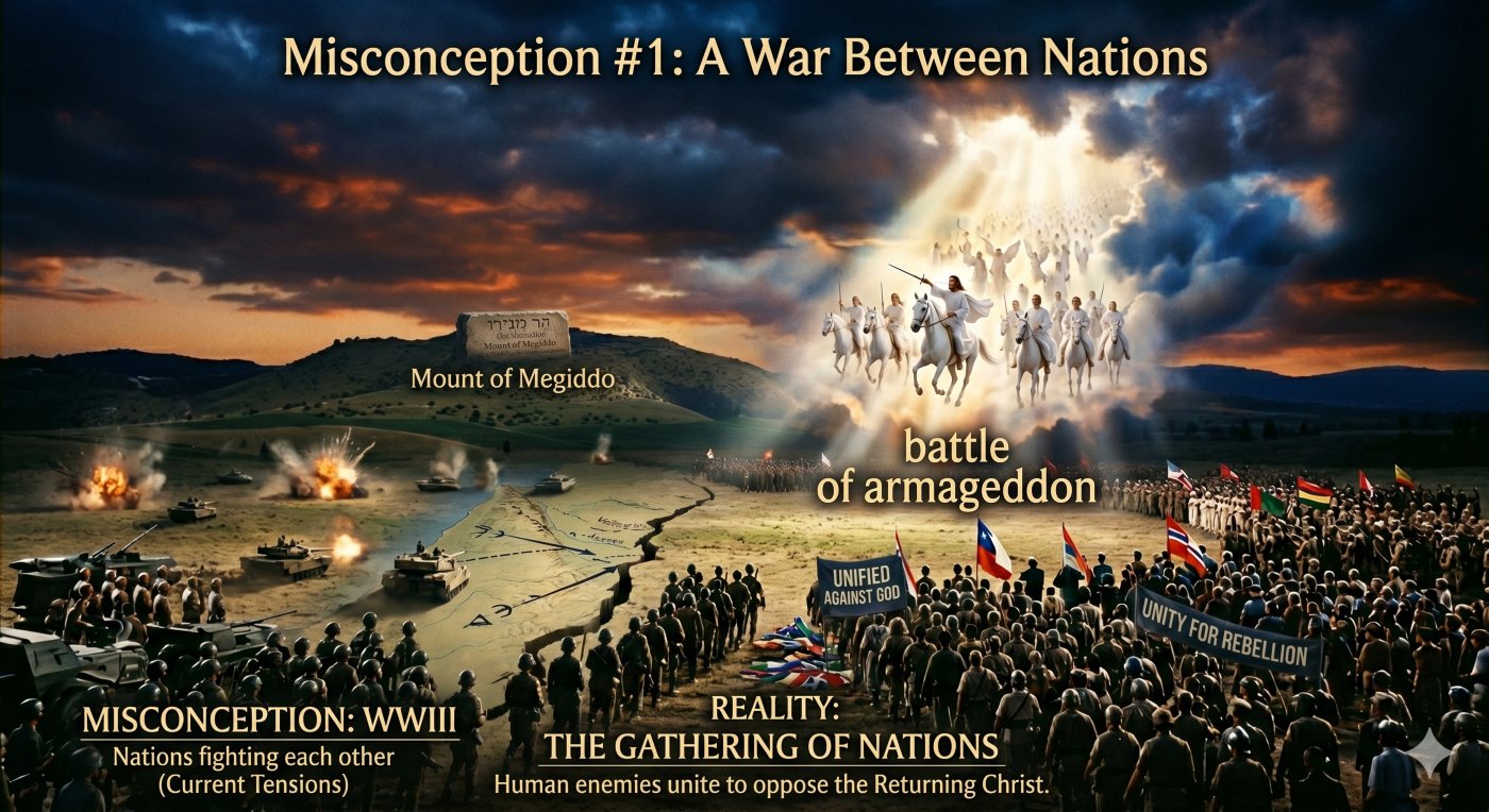 A detailed educational illustration contrasting a common misconception about the battle of armageddon with biblical reality. The image shows a rolling landscape based on the first illustration. The left side, representing the WWIII misconception, depicts nations and tanks fighting each other amidst explosions. The right side shows a massive, diverse human force that has laid down its flags and is unified with banners reading "Unity for Rebellion" and "Unified Against God," marching together toward a divine, celestial force descending from a tumultuous sky. A detailed educational illustration contrasting a common misconception about the battle of armageddon with biblical reality. The image shows a rolling landscape based on the first illustration. The left side, representing the WWIII misconception, depicts nations and tanks fighting each other amidst explosions. The right side shows a massive, diverse human force that has laid down its flags and is unified with banners reading "Unity for Rebellion" and "Unified Against God," marching together toward a divine, celestial force descending from a tumultuous sky.