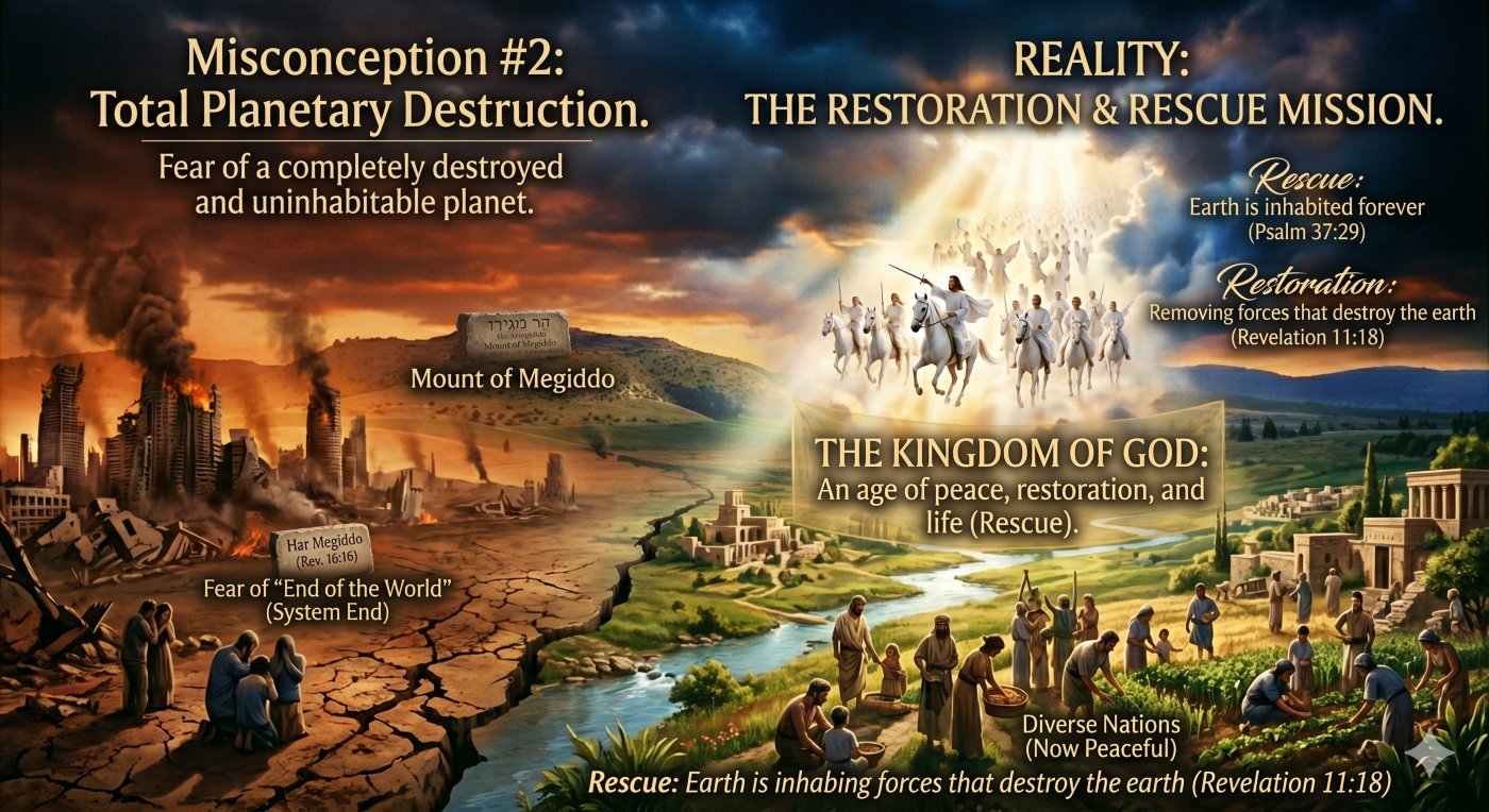 A detailed educational illustration contrasting a common misconception about the battle of armageddon with biblical reality. The image shows a rolling landscape based on previous illustrations. The left side, labeled Misconception #2, depicts a desolate, post-apocalyptic scorched earth scenario with a city in ruins. The right side shows a flourishing, lush landscape where diverse people, previously seen in unity, are now peacefully rebuilding and cultivating a restored world under a massive, radiant golden light from a parting sky, representing the establishment of God’s Kingdom on earth as a rescue mission (Psalm 37:29, Revelation 11:18). A detailed educational illustration contrasting a common misconception about the battle of armageddon with biblical reality. The image shows a rolling landscape based on previous illustrations. The left side, labeled Misconception #2, depicts a desolate, post-apocalyptic scorched earth scenario with a city in ruins. The right side shows a flourishing, lush landscape where diverse people, previously seen in unity, are now peacefully rebuilding and cultivating a restored world under a massive, radiant golden light from a parting sky, representing the establishment of God’s Kingdom on earth as a rescue mission (Psalm 37:29, Revelation 11:18).
