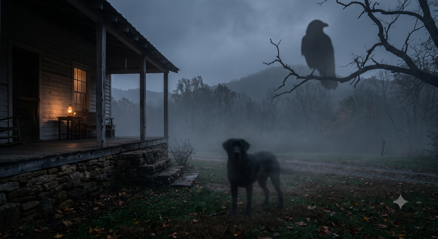 A moody, wide-angle photo of a rustic, old white wooden farmhouse with a lit kerosene lamp on its front porch under a dark, cloudy sky. In the foreground, a black Labrador Retriever is blurred as it walks on a grassy area covered in fallen autumn leaves. A large, out-of-focus crow sits on a bare tree branch to the right, overlooking misty hills. A moody, wide-angle photo of a rustic, old white wooden farmhouse with a lit kerosene lamp on its front porch under a dark, cloudy sky. In the foreground, a black Labrador Retriever is blurred as it walks on a grassy area covered in fallen autumn leaves. A large, out-of-focus crow sits on a bare tree branch to the right, overlooking misty hills.
