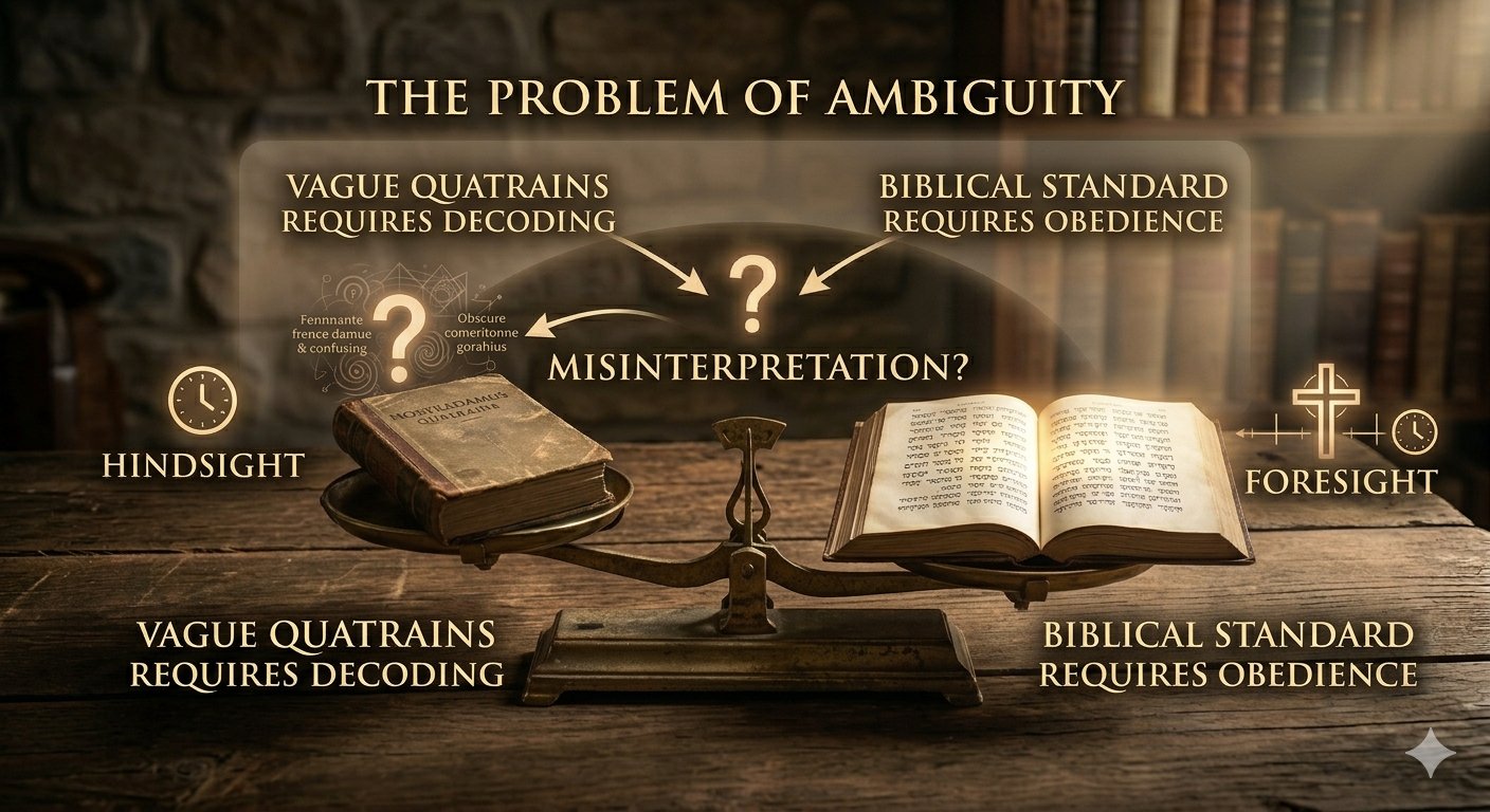 An atmospheric illustration in an antique library setting showing a swirling question mark separating chaotic gears (representing the hindsight and ambiguity of Nostradamus quatrains) from a clear, powerful golden arrow pointing forward (representing the foresight and definitive clarity of biblical prophecy)