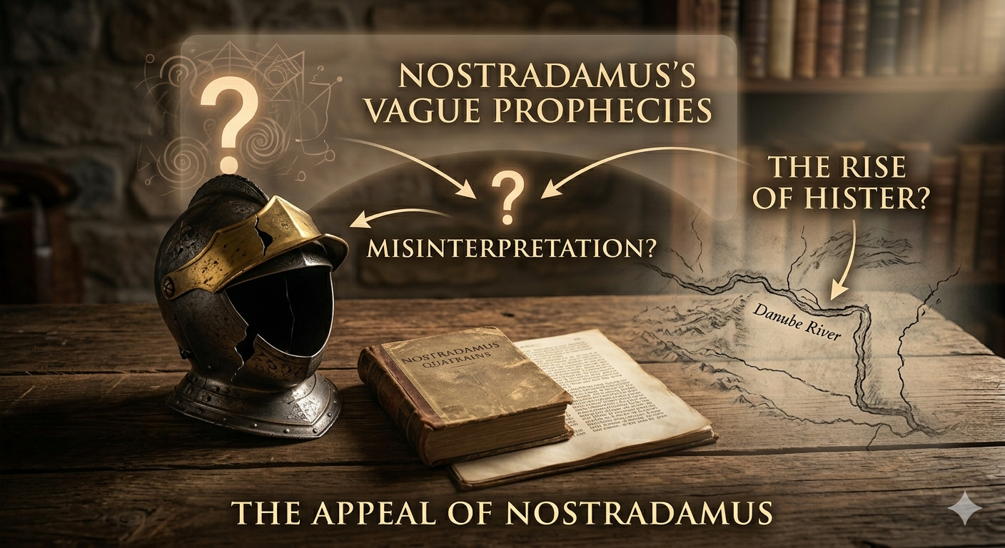 An atmospheric illustration in an antique library setting showing artifacts related to three specific Nostradamus predictions: a cracked jousting helmet, a map of the Danube River (Hister), and abstract shapes of the Twin Towers, all connected by swirling lines and a large question mark, indicating the ambiguity of his quatrains and potential for misinterpretation.