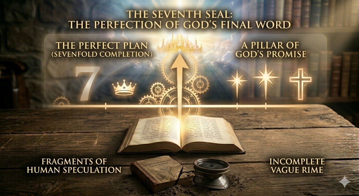 An awe-inspiring illustration in an antique library transitioning to a celestial sky. A radiant vertical column of golden light (representing the perfect, sevenfold plan and the seventh seal of biblical prophecy) rises from an open Bible towards a distant golden city, contrasting against a fragmented, shadowy book and scrying bowl (representing incomplete human speculation from Nostradamus). A large glowing cross and central arrow signify divine completion