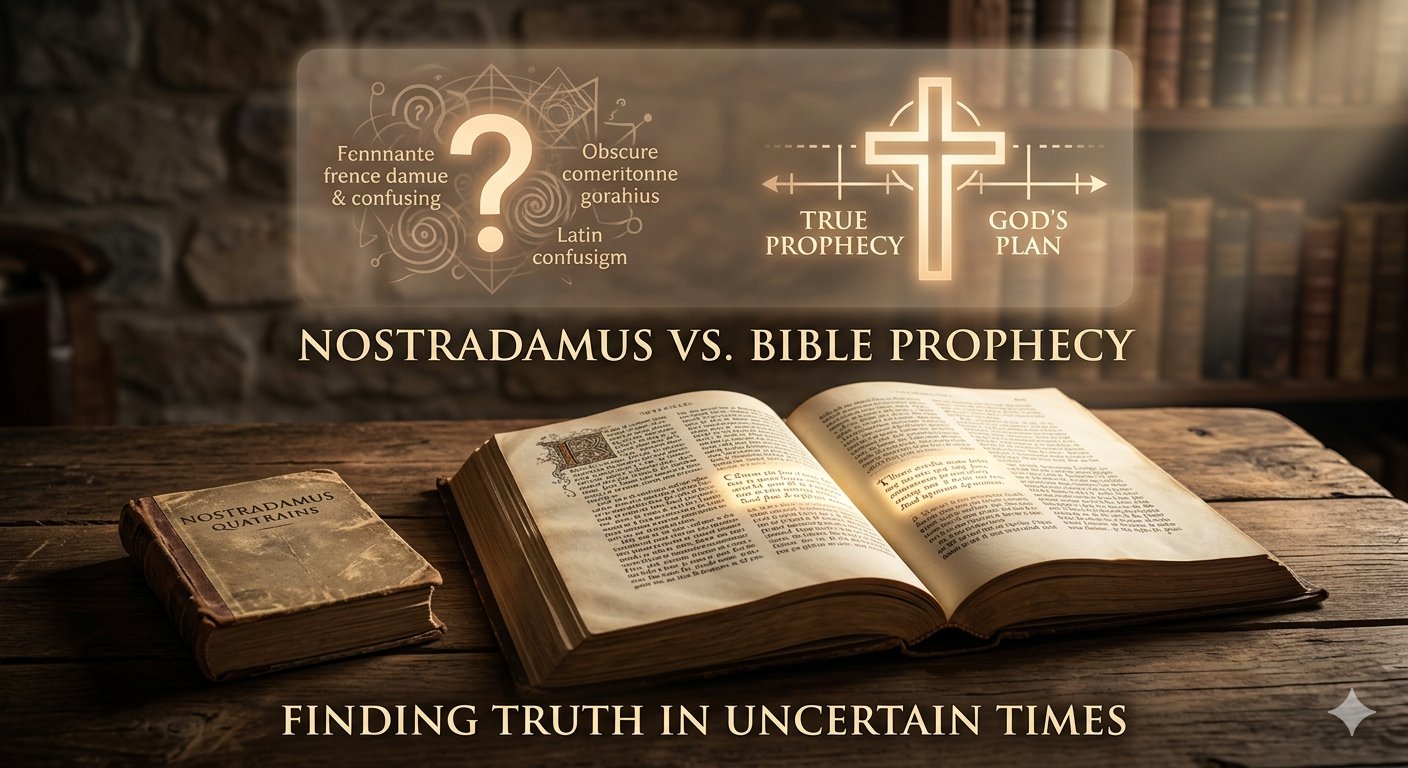 An open Bible and a book of Nostradamus quatrains on a wooden table, featuring a graphic overlay comparing confusing human predictions with the clarity of God's plan and true prophecy.