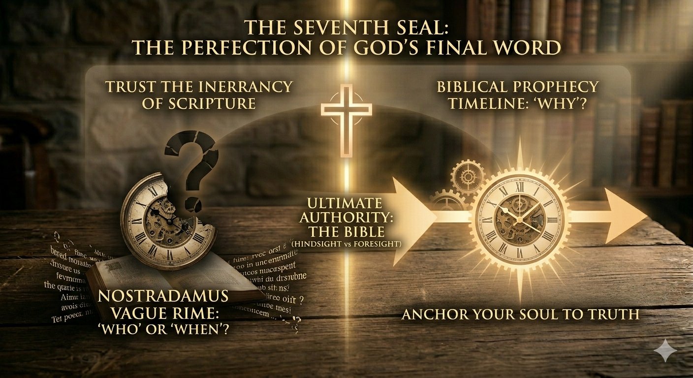 An atmospheric illustration in an antique library setting showing a central, powerful column of golden light (representing the ultimate authority of the Bible and divine foresight) with a definitive cross and arrow, contrasting against a fragmented, shadowy clock and question mark (representing the confusing hindsight of Nostradamus quatrains)