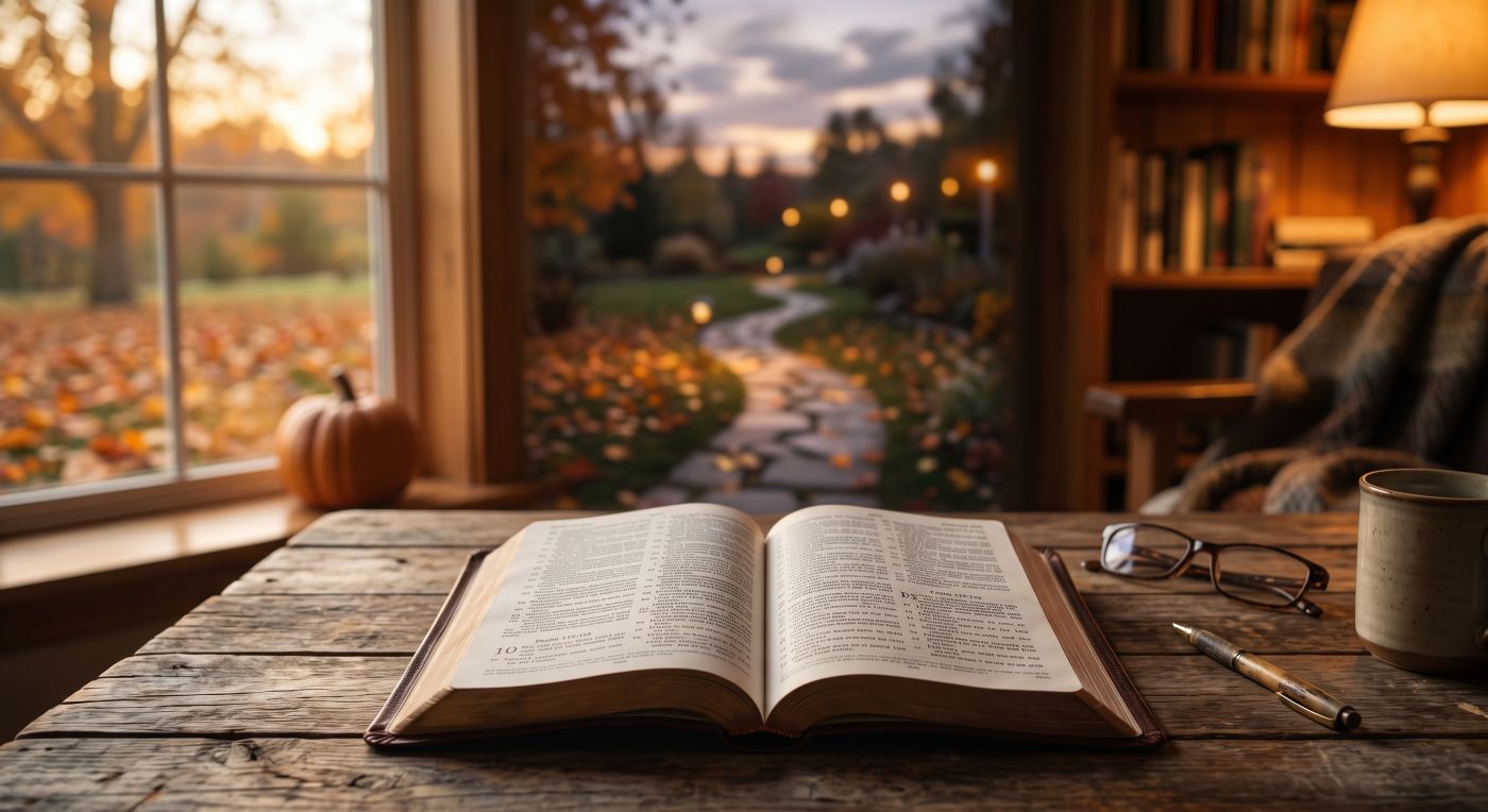 An open Bible on a rustic wooden table illuminated by a warm lamp. In the background, out-of-focus window panes reveal a peaceful autumn garden path with scattered leaves at dusk. A subtle silhouette of a pumpkin sits on the windowsill. Reading glasses and a pen rest nearby. An open Bible on a rustic wooden table illuminated by a warm lamp. In the background, out-of-focus window panes reveal a peaceful autumn garden path with scattered leaves at dusk. A subtle silhouette of a pumpkin sits on the windowsill. Reading glasses and a pen rest nearby.