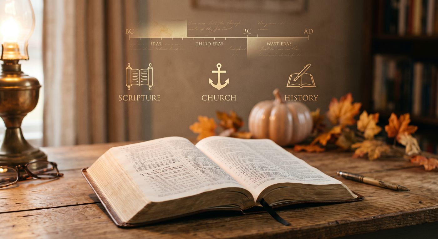 An open Bible sits on a wooden table illuminated by a warm lamp, with out-of-focus autumn leaves and a pumpkin in the background. Above the Bible, subtle graphic icons and a timeline represent Scripture, Church, and History. An open Bible sits on a wooden table illuminated by a warm lamp, with out-of-focus autumn leaves and a pumpkin in the background. Above the Bible, subtle graphic icons and a timeline represent Scripture, Church, and History.
