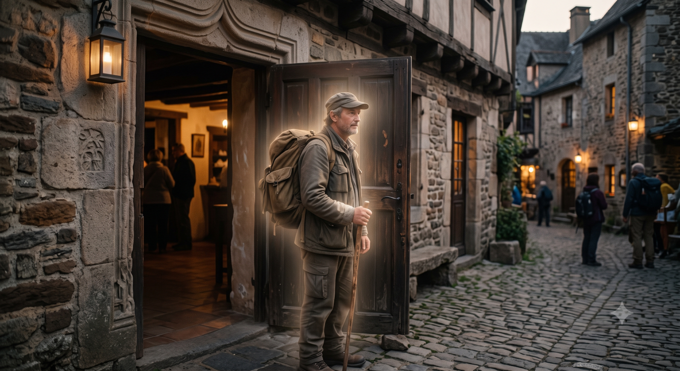 A lone traveler with a backpack and walking stick stands at a rustic doorway, illuminated by a soft, supernatural golden radiance that hints at a heavenly presence. A lone traveler with a backpack and walking stick stands at a rustic doorway, illuminated by a soft, supernatural golden radiance that hints at a heavenly presence.