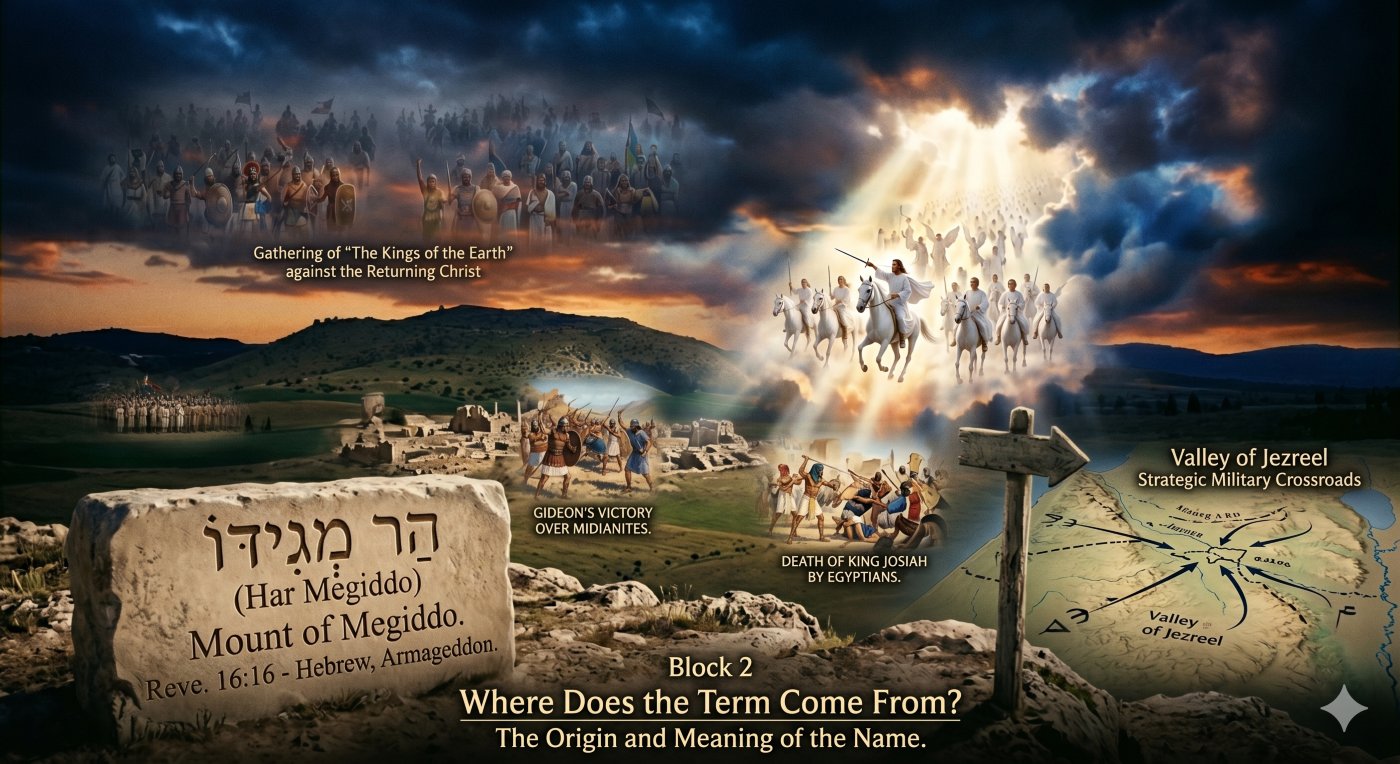 A composite educational illustration about the biblical origin of the term battle of armageddon, focusing on Har Megiddo (Mount of Megiddo). The image features an engraved stone plinth, map details of the Valley of Jezreel, and subtle historic vignettes of Gideon's victory and King Josiah's death. The overall sky from the initial illustration is visible, representing the worldwide scope against a heavenly gathering. A composite educational illustration about the biblical origin of the term battle of armageddon, focusing on Har Megiddo (Mount of Megiddo). The image features an engraved stone plinth, map details of the Valley of Jezreel, and subtle historic vignettes of Gideon's victory and King Josiah's death. The overall sky from the initial illustration is visible, representing the worldwide scope against a heavenly gathering.