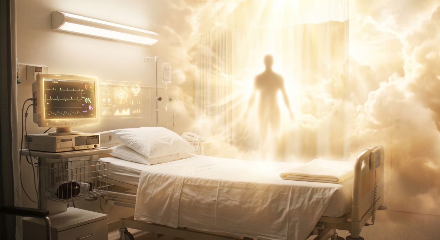 A cinematic, wide-angle photograph of a hospital room where a spiritual departure is taking place. The foreground is composed of sharp, sterile medical equipment, including a wheeled metal stand with a glowing vitals monitor displaying real-time data, and an empty hospital bed with crisp white linens. An IV pole with hanging fluids stands nearby. Behind the bed, the wall and standard environment dissolve into a brilliant, soft, golden-white light and swirling celestial clouds. Positioned in the center of this light, standing above and just beyond the bed, is the translucent, illuminated silhouette of a human figure. This figure is composed of light, facing the background, appearing to be crossing over or departing. The perspective creates a powerful contrast between the detailed, corporeal medical setting and the expansive, ethereal light of a metaphysical realm. A cinematic, wide-angle photograph of a hospital room where a spiritual departure is taking place. The foreground is composed of sharp, sterile medical equipment, including a wheeled metal stand with a glowing vitals monitor displaying real-time data, and an empty hospital bed with crisp white linens. An IV pole with hanging fluids stands nearby. Behind the bed, the wall and standard environment dissolve into a brilliant, soft, golden-white light and swirling celestial clouds. Positioned in the center of this light, standing above and just beyond the bed, is the translucent, illuminated silhouette of a human figure. This figure is composed of light, facing the background, appearing to be crossing over or departing. The perspective creates a powerful contrast between the detailed, corporeal medical setting and the expansive, ethereal light of a metaphysical realm.