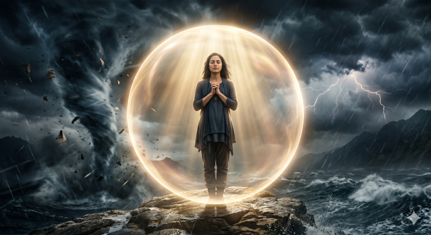A person standing in prayer with total calmness inside a protective, glowing sphere of divine light, completely shielded from a chaotic storm and dark whirlwind around them.