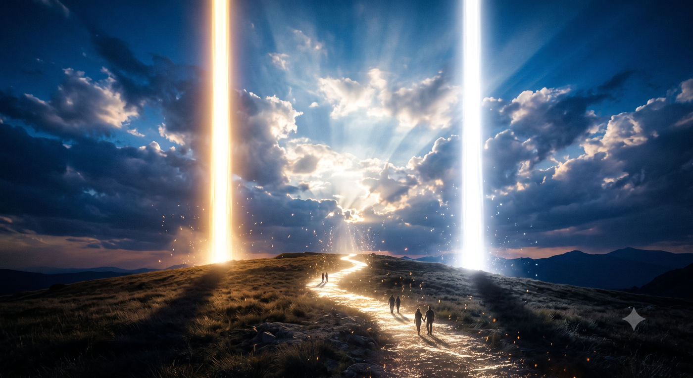 A dramatic, wide-angle photograph of a quiet hilltop at twilight under a deep blue sky with parted clouds. Two massive, towering pillars of light rise from the earth into the heavens. The left pillar glows with a warm, steady golden light, while the right pillar shines with a brilliant, pure white light. Between them, a shimmering, luminous path winds up the hill and leads toward a radiant heavenly glow breaking through the clouds in the center. Small groups of silhouetted figures walk along the path, casting long shadows across the grassy terrain. Subtle, glowing particles of light rise gently from the ground, enhancing the epic and sacred tone of the scene. A dramatic, wide-angle photograph of a quiet hilltop at twilight under a deep blue sky with parted clouds. Two massive, towering pillars of light rise from the earth into the heavens. The left pillar glows with a warm, steady golden light, while the right pillar shines with a brilliant, pure white light. Between them, a shimmering, luminous path winds up the hill and leads toward a radiant heavenly glow breaking through the clouds in the center. Small groups of silhouetted figures walk along the path, casting long shadows across the grassy terrain. Subtle, glowing particles of light rise gently from the ground, enhancing the epic and sacred tone of the scene.