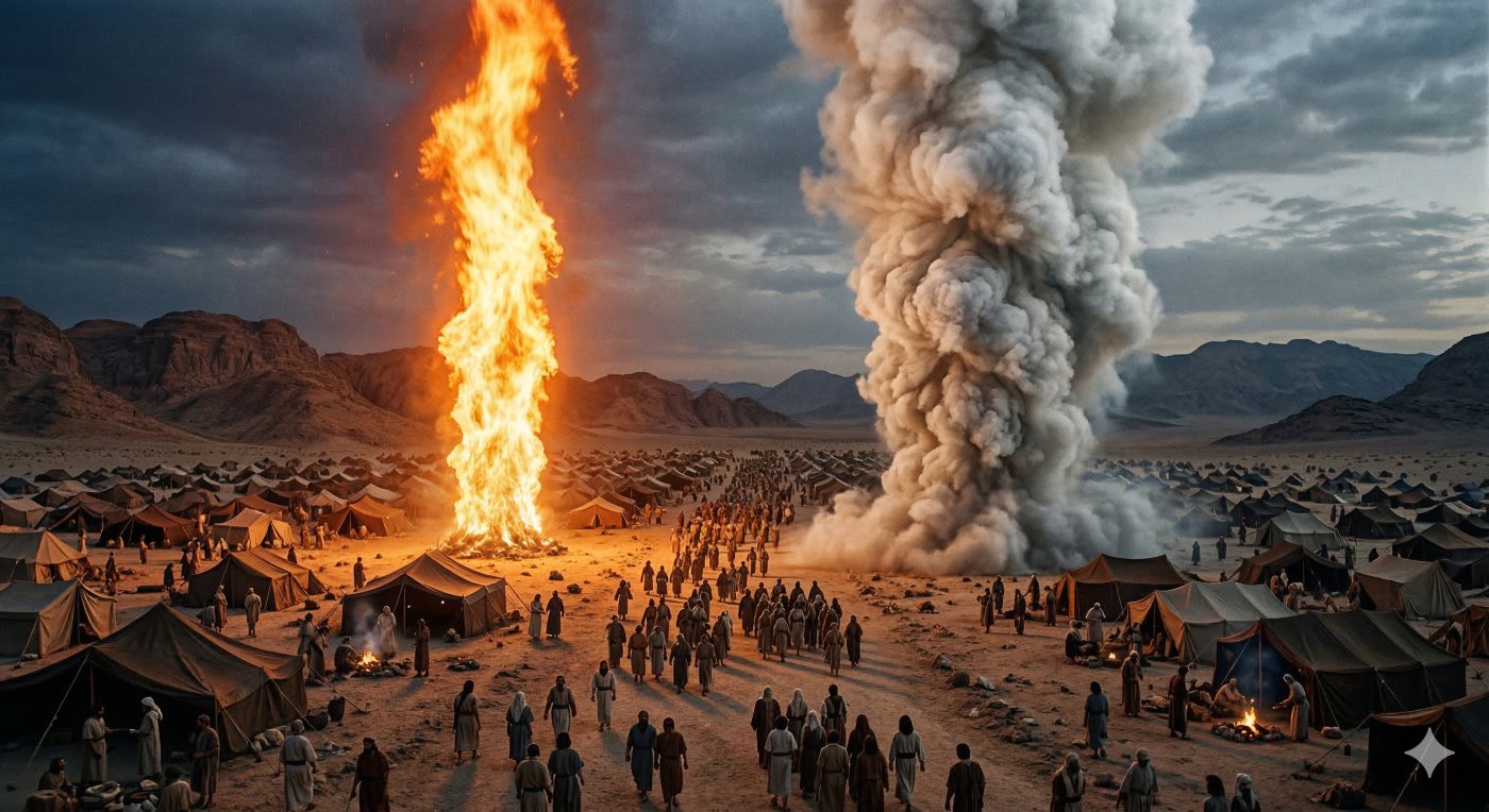 A wide, epic desert landscape showing the vast Israelite encampment and multitude moving across the wilderness. The scene is split by two towering, parallel, supernatural phenomena. On the right, a massive, dense Pillar of Cloud churns, ascending from the desert floor into a cloudy sky, providing a cool shadow (or shade) over half of the terrain, as mentioned in the Miracles of the Exodus text regarding climate control. On the left, a parallel Pillar of Fire, radiant with brilliant orange and red flames, roars into the twilight night sky, illuminating the other half of the scene with warm light and heat. Guided by the pillars, thousands of ancient Hebrews and their livestock move in orderly lines along a path through the detailed encampment of tents, set against a background of rugged desert mountains under a dramatic sky. The photo has a gritty, cinematic film texture, capturing the divine presence and physical protection.