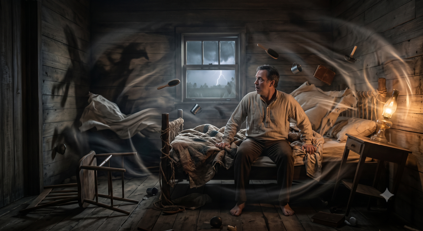 A man in a rustic log cabin bedroom is startled as objects like brushes and a chair float in mid-air and shadowy, ethereal figures swirl around him during a lightning storm seen through the window. A man in a rustic log cabin bedroom is startled as objects like brushes and a chair float in mid-air and shadowy, ethereal figures swirl around him during a lightning storm seen through the window.