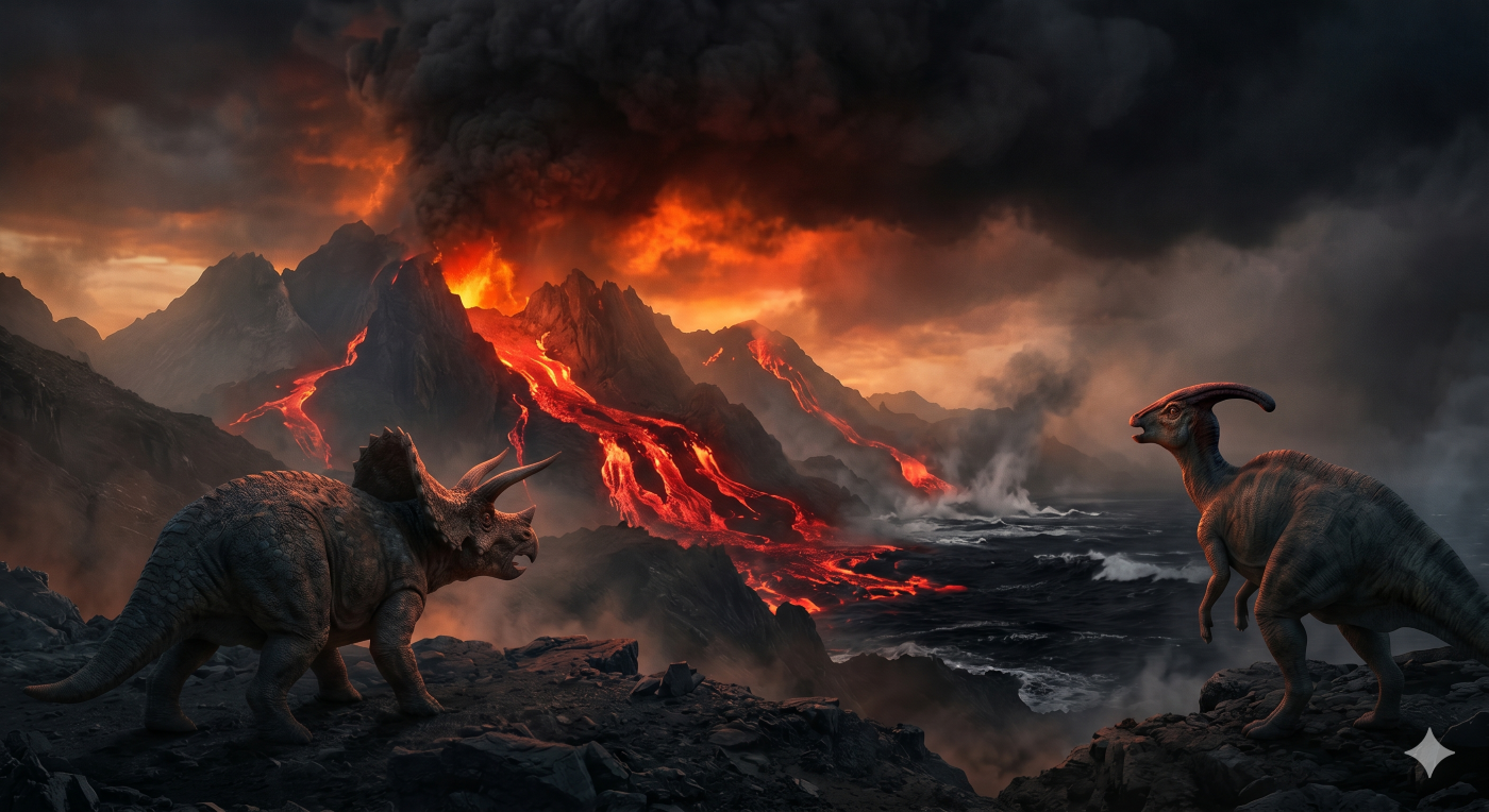 A dramatic prehistoric landscape showing a Triceratops and a Parasaurolophus looking distressed as volcanoes erupt behind them, pouring crimson lava into a dark ocean under a sky filled with black smoke. A dramatic prehistoric landscape showing a Triceratops and a Parasaurolophus looking distressed as volcanoes erupt behind them, pouring crimson lava into a dark ocean under a sky filled with black smoke.