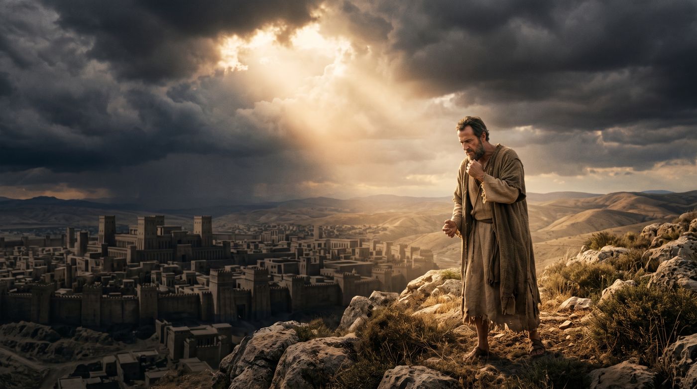 A wide-angle landscape photograph showing a bearded man in ancient, tattered robes, representing Jonah, standing on a rocky hill. He looks contemplatively over a vast, fortified ancient city in a valley at sunset, as sunbeams break through dark storm clouds A wide-angle landscape photograph showing a bearded man in ancient, tattered robes, representing Jonah, standing on a rocky hill. He looks contemplatively over a vast, fortified ancient city in a valley at sunset, as sunbeams break through dark storm clouds