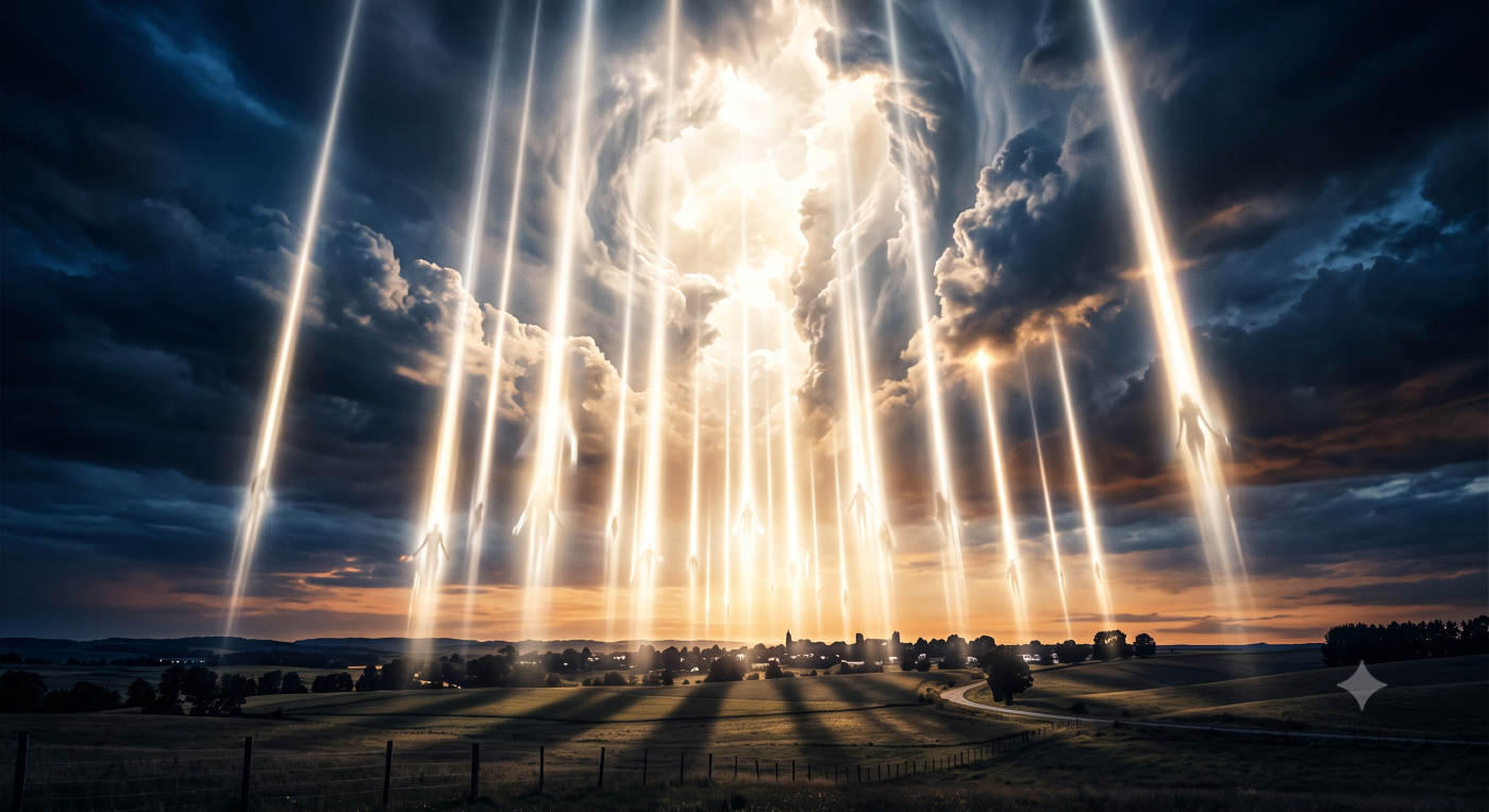 A dramatic, cinematic wide shot of an expansive landscape under a dark, stormy sky that splits open with a brilliant, swirling vortex of heavenly white and gold light. Multiple powerful beams of pure gold light shoot vertically from the rolling green hills below toward the heavens. Within these radiant columns of light, faint, glowing outlines and silhouettes of ascending figures dissolve upward. The low sun casts long, dramatic shadows across the fields, creating an atmosphere of urgent, hopeful anticipation. A dramatic, cinematic wide shot of an expansive landscape under a dark, stormy sky that splits open with a brilliant, swirling vortex of heavenly white and gold light. Multiple powerful beams of pure gold light shoot vertically from the rolling green hills below toward the heavens. Within these radiant columns of light, faint, glowing outlines and silhouettes of ascending figures dissolve upward. The low sun casts long, dramatic shadows across the fields, creating an atmosphere of urgent, hopeful anticipation.