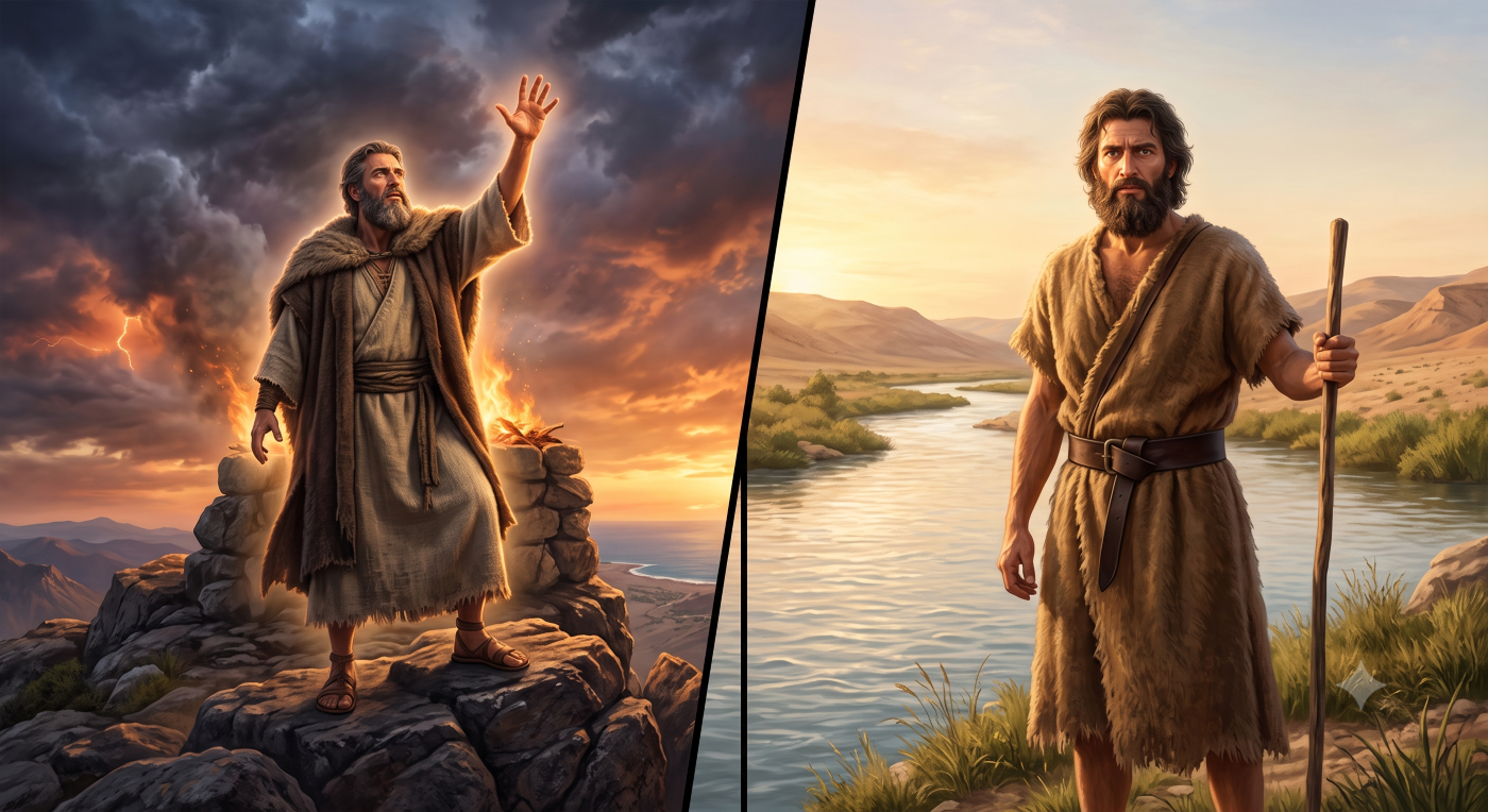 A side-by-side comparison image of two prophets. On the left, Elijah stands on a rocky mountain under a stormy sky, calling down fire. On the right, John the Baptist stands in the Jordan River with a staff during a calm sunset.