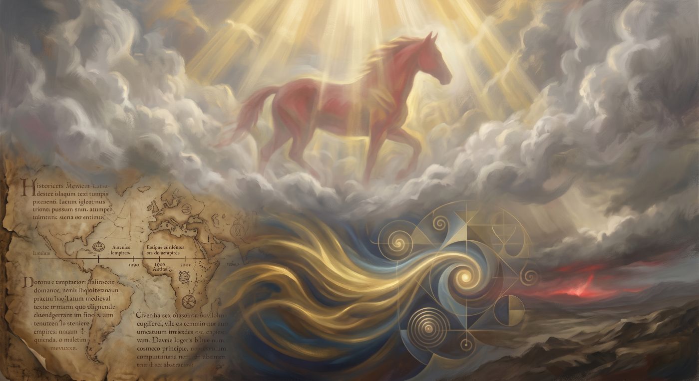 An allegorical painting with a strong vertical divide. The top half shows a spectral, reddish-gold horse galloping among stormy clouds, illuminated by divine sunbeams. The bottom half is a composite of a vintage world map on old parchment with Latin text, a stylized, glowing spiral and geometric design, and a volcanic landscape.