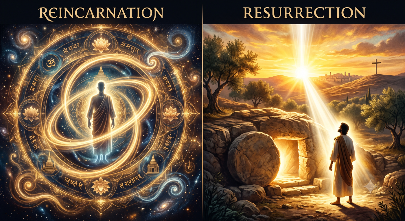A side-by-side comparison illustrating "Reincarnation" and "Resurrection." The left side, labeled "REINCARNATION," features an intricate, glowing cosmic mandala and sacred symbols, with a spiritual figure in the center. The right side, labeled "RESURRECTON," shows a man looking into an open, empty tomb as brilliant light streams out, with three crosses on a distant hill under a sunset.