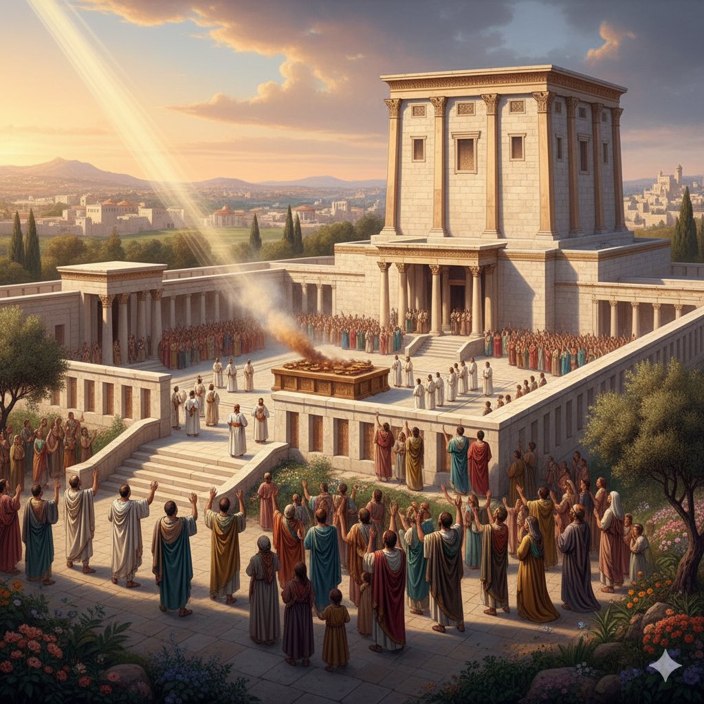 The restored Temple in Jerusalem with people worshipping in the sunlight, symbolizing the spiritual renewal following the repentance of king manasseh.