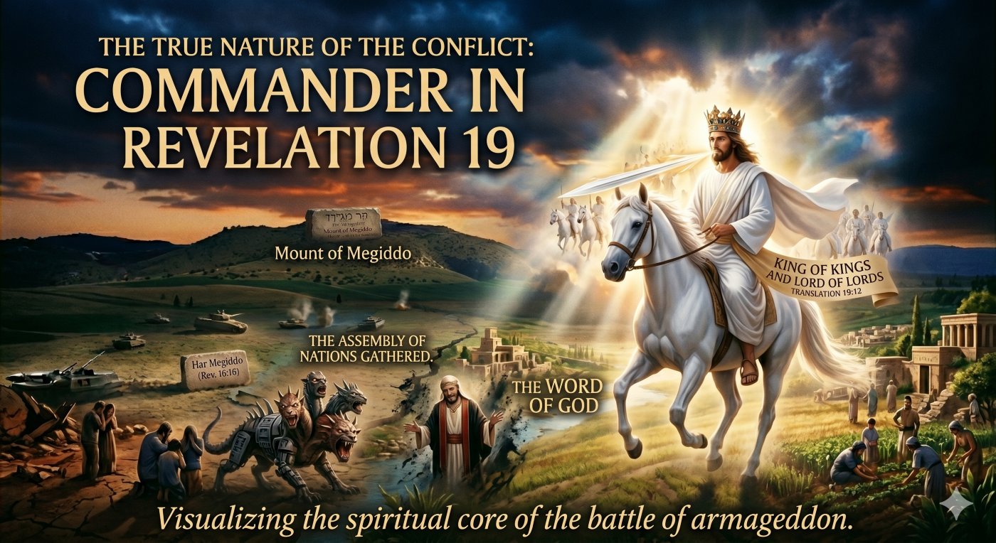 A detailed, deep-dive theological illustration based on Revelation 19, visualizing the battle of armageddon. The image, maintaining continuity with previous illustrations, centers on Jesus Christ as the divine commander. He is depicted on a powerful white horse, surrounded by heavenly armies, with a sharp, celestial sword emerging from His mouth and a sash identifying Him as KING OF KINGS AND LORD OF LORDS. He wears an elaborate crown of many diadems. Below Him, symbolic figures of the defeated beast and false prophet dissolve on the familiar dusk Valley of Megiddo landscape, which features the engraved stone landmarks and scattering multi-national human armies. The stormy sky from the initial illustration is visible, now parted by Christ’s powerful light. A detailed, deep-dive theological illustration based on Revelation 19, visualizing the battle of armageddon. The image, maintaining continuity with previous illustrations, centers on Jesus Christ as the divine commander. He is depicted on a powerful white horse, surrounded by heavenly armies, with a sharp, celestial sword emerging from His mouth and a sash identifying Him as KING OF KINGS AND LORD OF LORDS. He wears an elaborate crown of many diadems. Below Him, symbolic figures of the defeated beast and false prophet dissolve on the familiar dusk Valley of Megiddo landscape, which features the engraved stone landmarks and scattering multi-national human armies. The stormy sky from the initial illustration is visible, now parted by Christ’s powerful light.