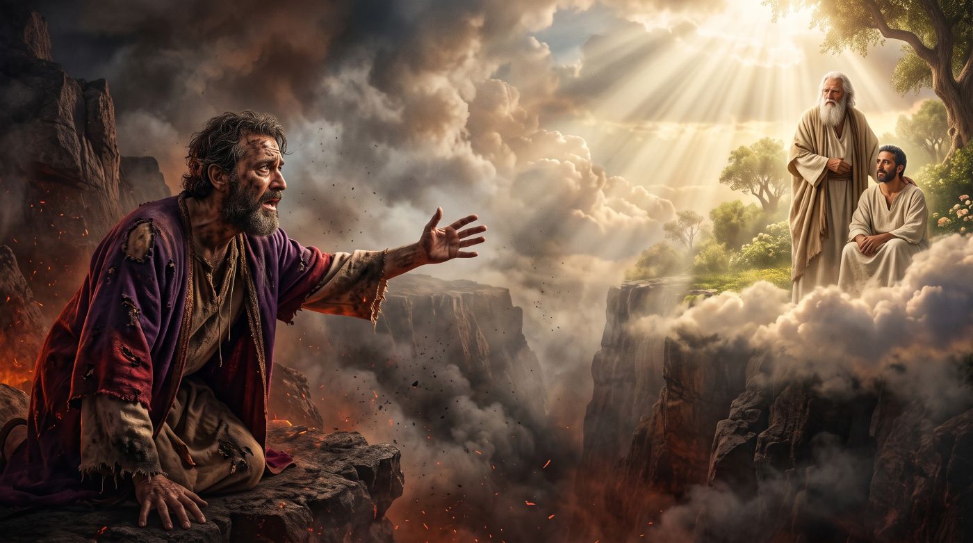 A dramatic biblical scene showing the Rich Man kneeling in a dark, fiery abyss, reaching across a vast chasm toward Abraham and Lazarus, who sit peacefully in a radiant, golden paradise. A dramatic biblical scene showing the Rich Man kneeling in a dark, fiery abyss, reaching across a vast chasm toward Abraham and Lazarus, who sit peacefully in a radiant, golden paradise.