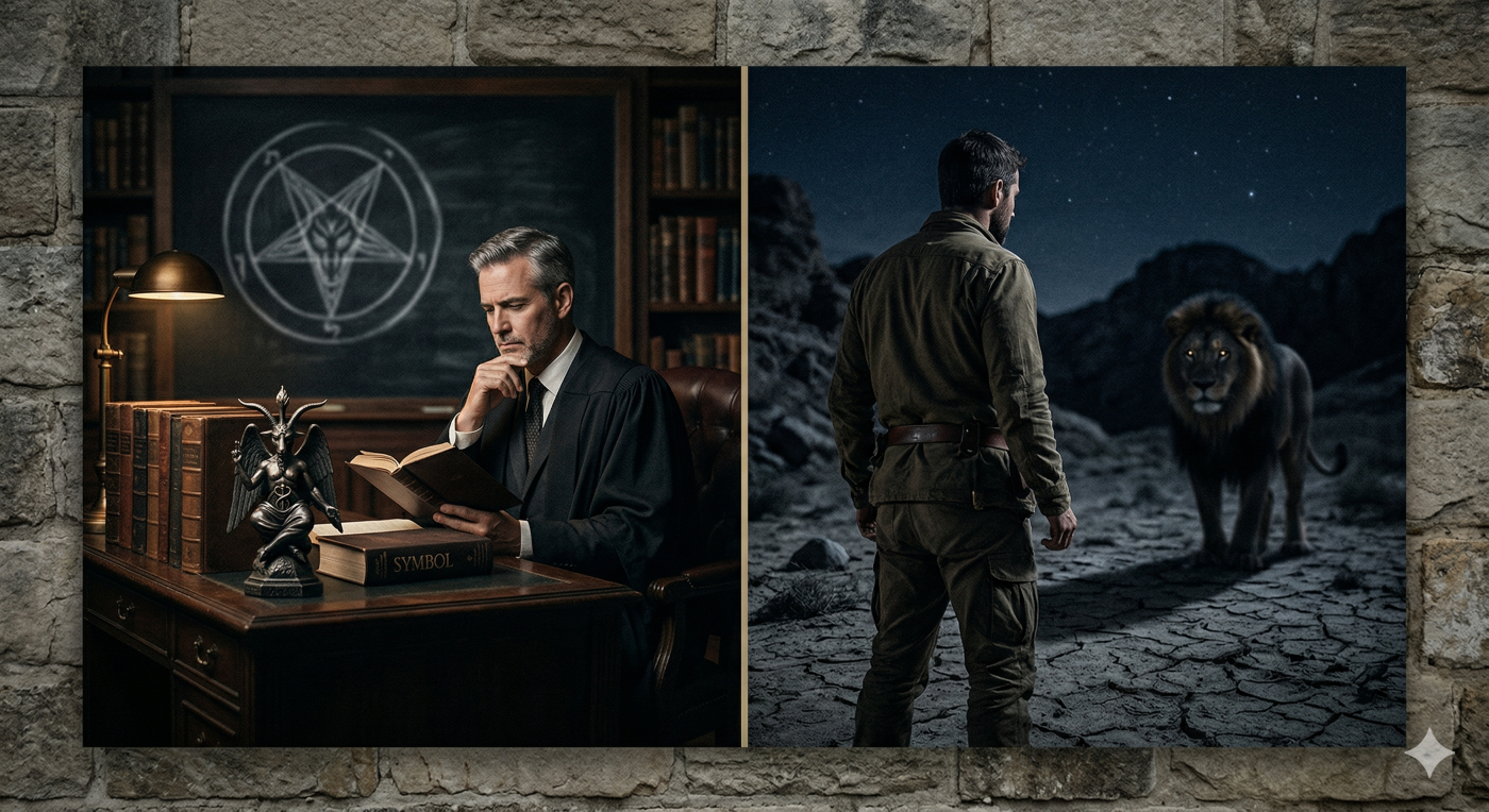 A split-panel image against a weathered stone wall: the left side shows a sophisticated man reading about symbolic concepts, representing a metaphorical Satan; the right side shows a watchful man in a barren wilderness, braced against a lurking, powerful lion, symbolizing a literal adversary.