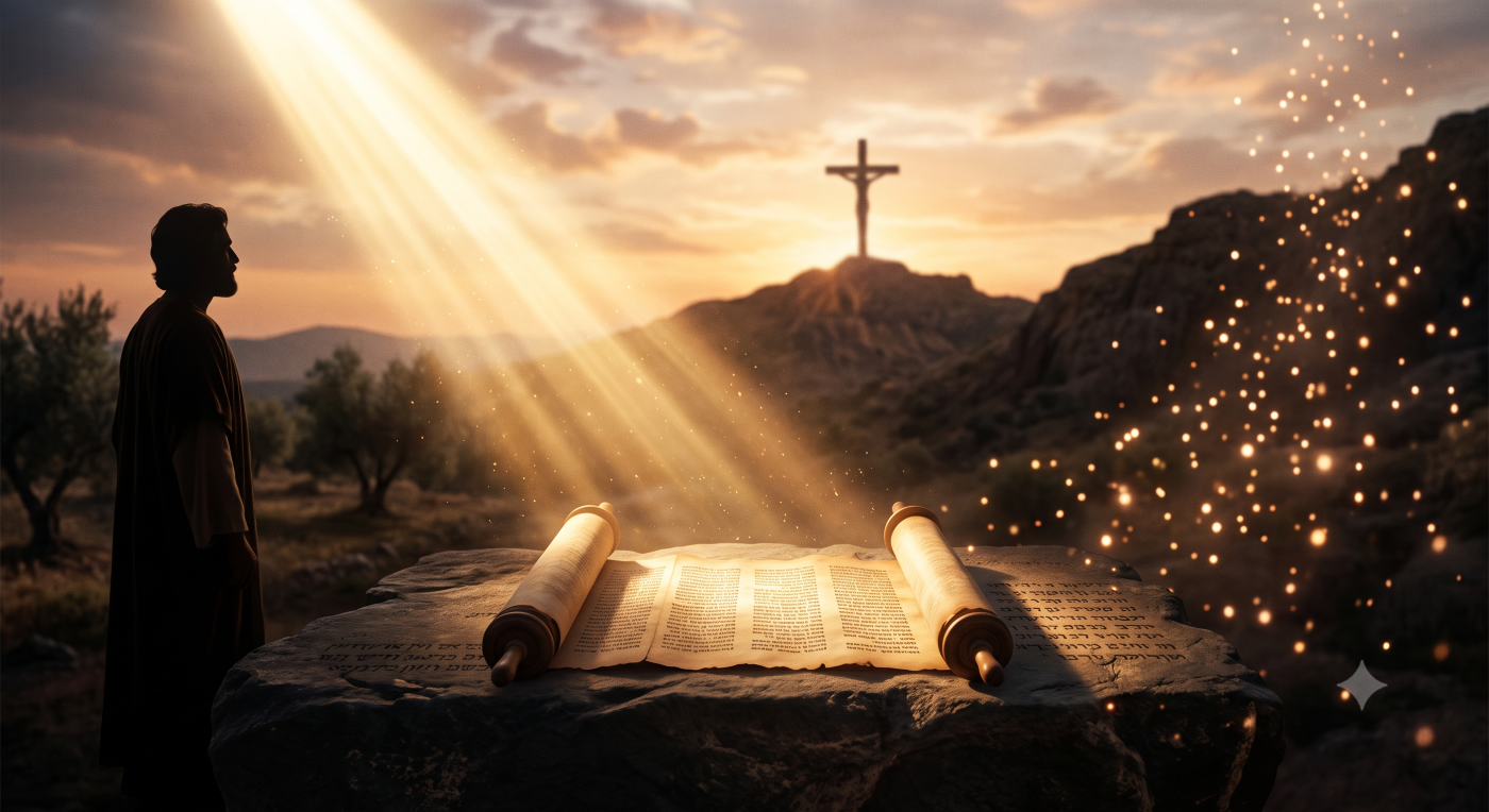 A reverent scene showing a warm, powerful beam of golden light shining from the heavens onto an ancient open scroll resting on a rough stone surface. In the background, a lone cross stands on a distant hill against a soft sunrise sky, with a cluster of floating light points nearby. A robed human silhouette observes from the side.