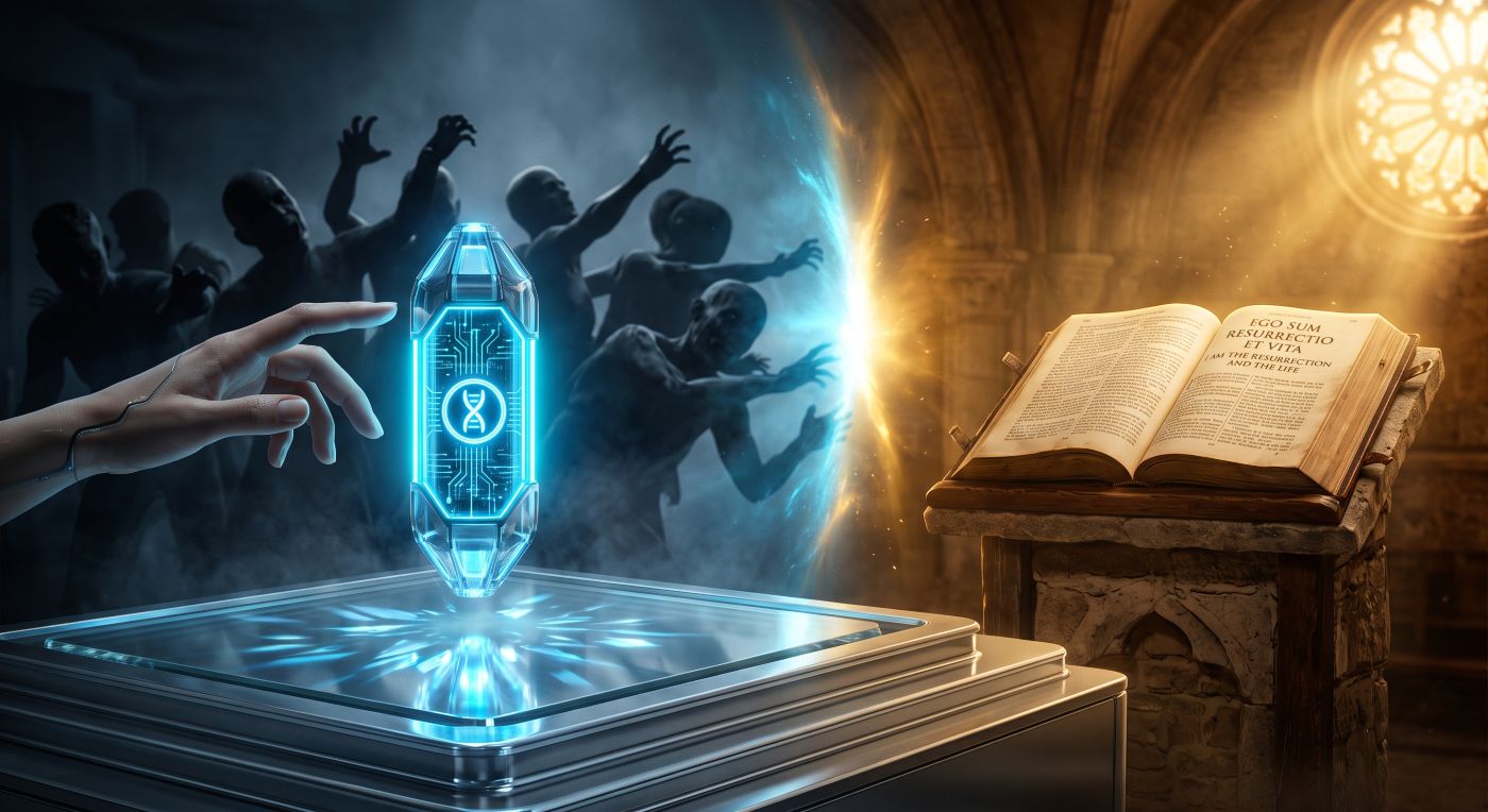 A dramatic conceptual image illustrating the tension between scientific technology and religious belief. The image is split, with a cool blue cybernetic hand reaching for a glowing DNA capsule labeled "ARTIFICIAL RESURRECTION" in a dark, dystopian setting on the left, while an open Bible on a stone pedestal radiates warm golden light under the phrase "THE BREATH OF LIFE" on the right. A dramatic conceptual image illustrating the tension between scientific technology and religious belief. The image is split, with a cool blue cybernetic hand reaching for a glowing DNA capsule labeled "ARTIFICIAL RESURRECTION" in a dark, dystopian setting on the left, while an open Bible on a stone pedestal radiates warm golden light under the phrase "THE BREATH OF LIFE" on the right.