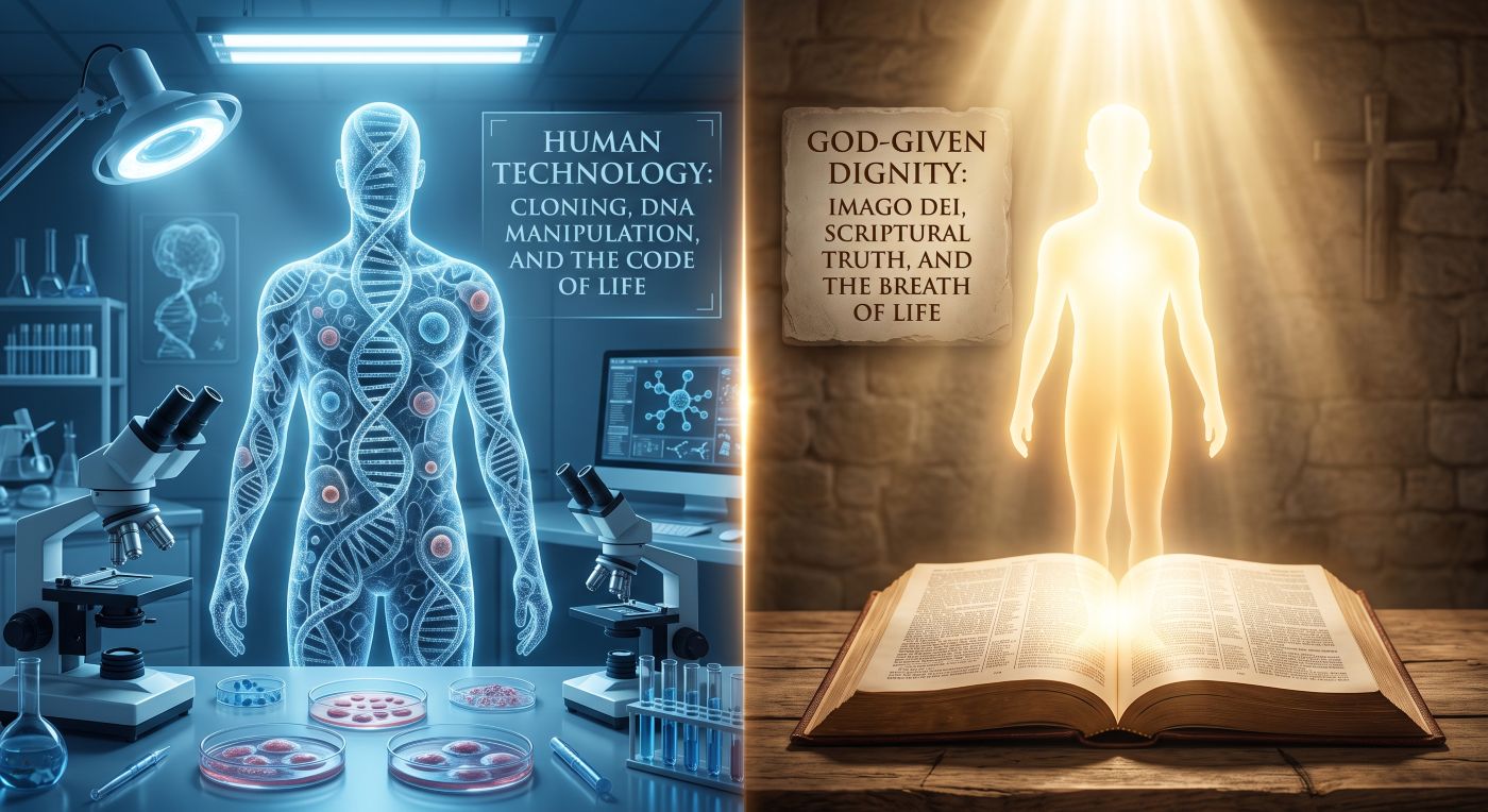 A split-screen image contrasting scientific and religious views on human life. The left side, in blue tones, shows a futuristic lab with a translucent human figure made of DNA helices and cells, and the text "HUMAN TECHNOLOGY: CLONING, DNA MANIPULATION, AND THE CODE OF LIFE." The right side, in golden tones, shows an open book with a glowing silhouette of a human ascending from its pages, and the text "GOD-GIVEN DIGNITY: IMAGO DEI, SCRIPTURAL TRUTH, AND THE BREATH OF LIFE. A split-screen image contrasting scientific and religious views on human life. The left side, in blue tones, shows a futuristic lab with a translucent human figure made of DNA helices and cells, and the text "HUMAN TECHNOLOGY: CLONING, DNA MANIPULATION, AND THE CODE OF LIFE." The right side, in golden tones, shows an open book with a glowing silhouette of a human ascending from its pages, and the text "GOD-GIVEN DIGNITY: IMAGO DEI, SCRIPTURAL TRUTH, AND THE BREATH OF LIFE.