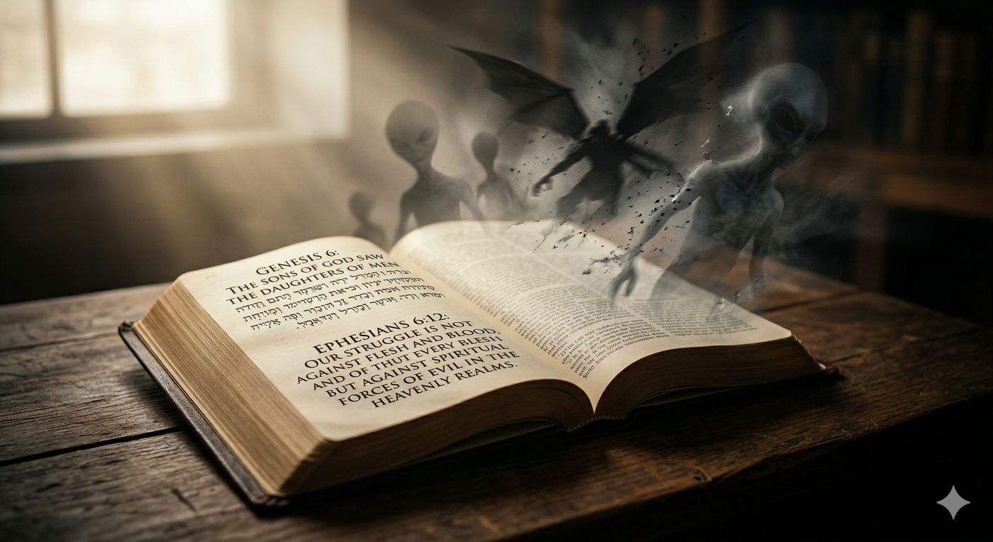Close-up photograph of an open, ancient leather-bound Bible resting on a rustic wooden table in a dimly lit study. A soft, focused light from above illuminates specific verses, with the text clearly displaying 'GENESIS 6' and 'EPHESIANS 6:12: OUR STRUGGLE IS NOT AGAINST FLESH AND BLOOD... BUT AGAINST SPIRITUAL FORCES.' Disintegrating, smoky, translucent 'alien' silhouettes are seen receding and fading into the deep shadows around the Bible, as if exposed by the spiritual light. A shadowy, ancient winged form is visible in the distant background mist. The depth of field is shallow, creating a sharp focus on the text and the transition of the entities, conveying a solemn and spiritual atmosphere where the modern alien deception explained from a biblical perspective is revealed.