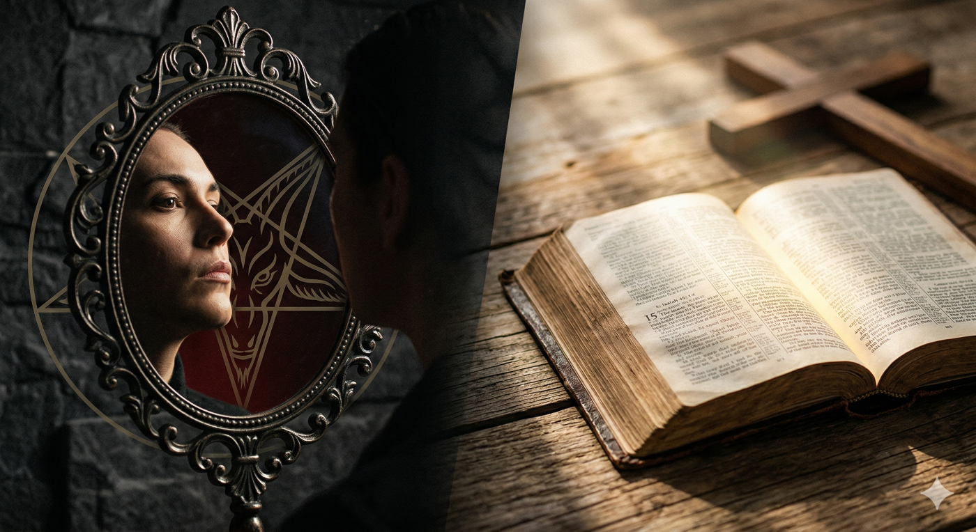 A split image contrasting self-deification and Biblical authority: on the left, a profile looking in a dark mirror with a subtle Baphomet symbol; on the right, an open, illuminated Bible on a rustic table with a cross in the background.