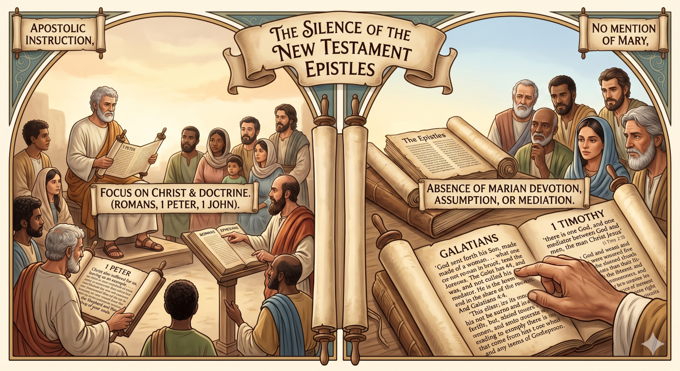 A detailed, split-panel illustration in a classical, aged fresco style with central borders. The left side, under a warm light, is labeled "Apostolic Instruction," showing Peter and Paul writing with diverse groups of early believers with open scrolls. A banner text overlay reads: "FOCUS ON CHRIST & DOCTRINE. (ROMANS, 1 PETER, 1 JOHN)." The right side, in a clear, bright, directional light, is labeled "No Mention of Mary," focusing on a collection of aged parchment scrolls representing "The Epistles." A hand holds an open scroll where a small, silhouetted form of Mary is not present, contrasting with the empty space. A text overlay reads: "ABSENCE OF MARIAN DEVOTION, ASSUMPTION, OR MEDIATION." A single top header asks: "THE SILENCE OF THE NEW TESTAMENT EPISTLES". A detailed, split-panel illustration in a classical, aged fresco style with central borders. The left side, under a warm light, is labeled "Apostolic Instruction," showing Peter and Paul writing with diverse groups of early believers with open scrolls. A banner text overlay reads: "FOCUS ON CHRIST & DOCTRINE. (ROMANS, 1 PETER, 1 JOHN)." The right side, in a clear, bright, directional light, is labeled "No Mention of Mary," focusing on a collection of aged parchment scrolls representing "The Epistles." A hand holds an open scroll where a small, silhouetted form of Mary is not present, contrasting with the empty space. A text overlay reads: "ABSENCE OF MARIAN DEVOTION, ASSUMPTION, OR MEDIATION." A single top header asks: "THE SILENCE OF THE NEW TESTAMENT EPISTLES".