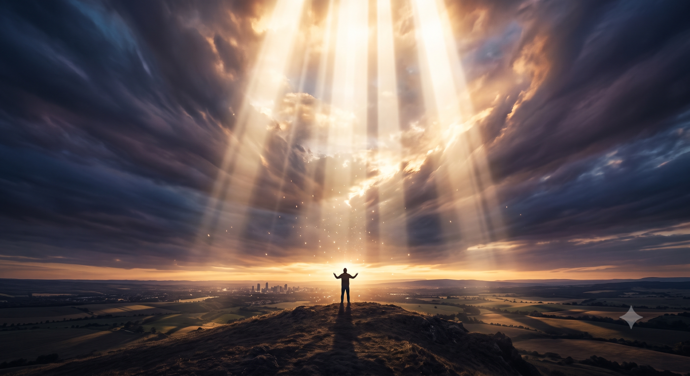 A lone silhouette standing on a hill looking up at massive vertical sunbeams breaking through dramatic storm clouds at sunrise. A lone silhouette standing on a hill looking up at massive vertical sunbeams breaking through dramatic storm clouds at sunrise.
