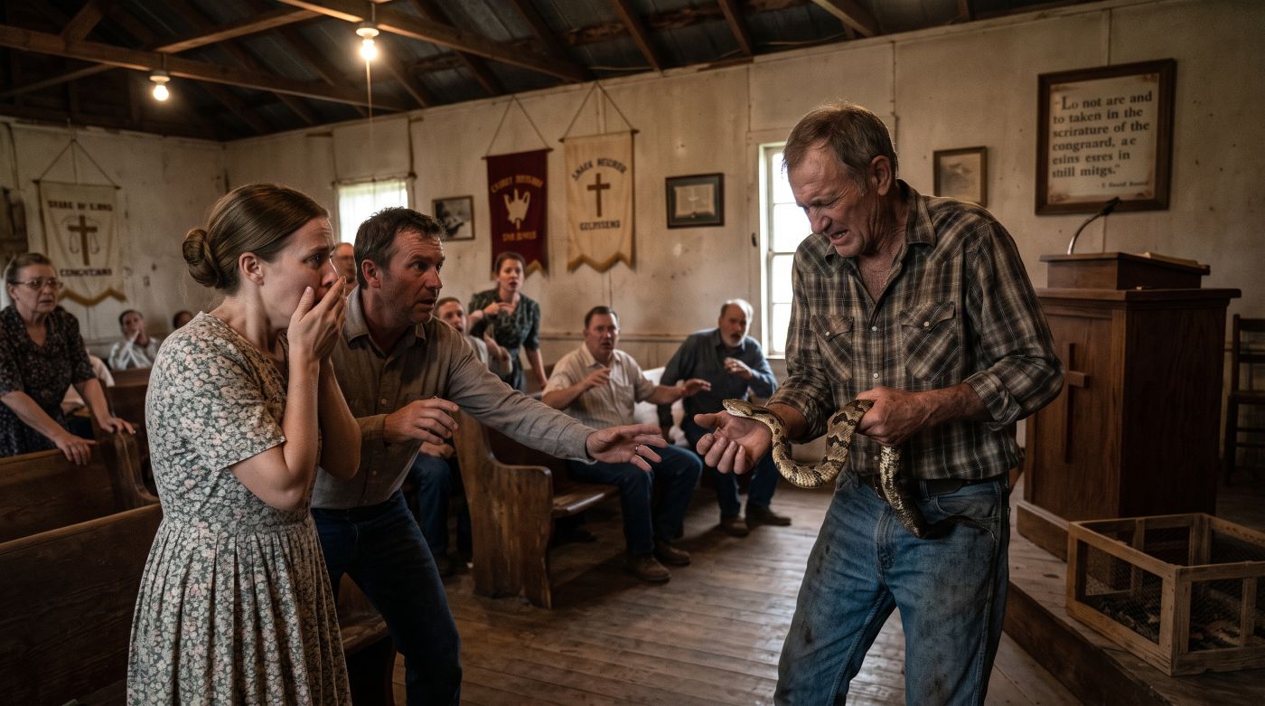 A tense scene inside a rustic wooden church sanctuary where an older man in a plaid shirt grimaces in pain while holding a large rattlesnake that has just bitten his hand. Onlookers in the pews react in shock and concern, with a woman covering her mouth in terror and a man reaching out anxiously.