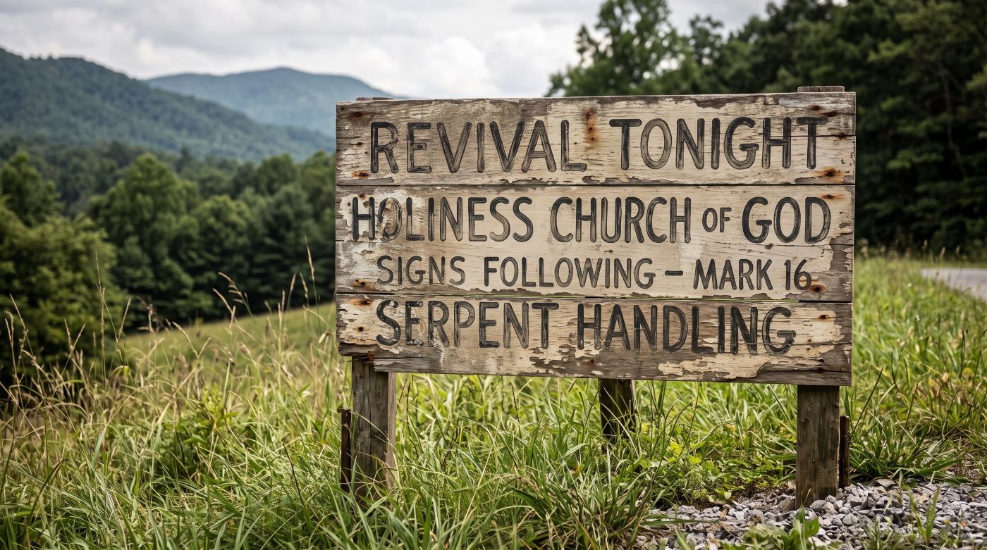 A weathered wooden revival sign in rural Appalachia advertising a Holiness Church of God meeting with snake handling and Mark 16 signs following.