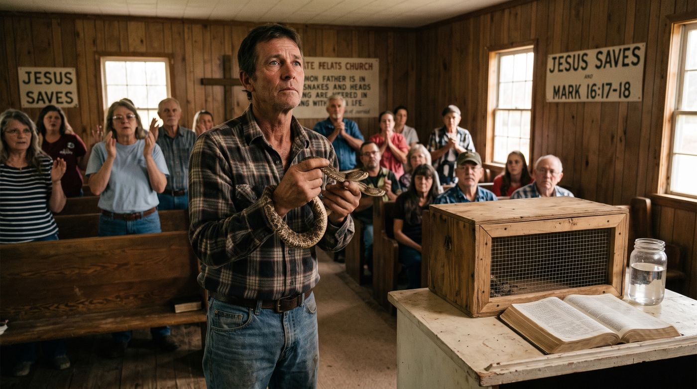 A preacher holding a venomous snake at the altar of a modest wooden church, surrounded by a congregation in worship[cite: 1]. An open Bible and a mesh snake box sit nearby[cite: 1]