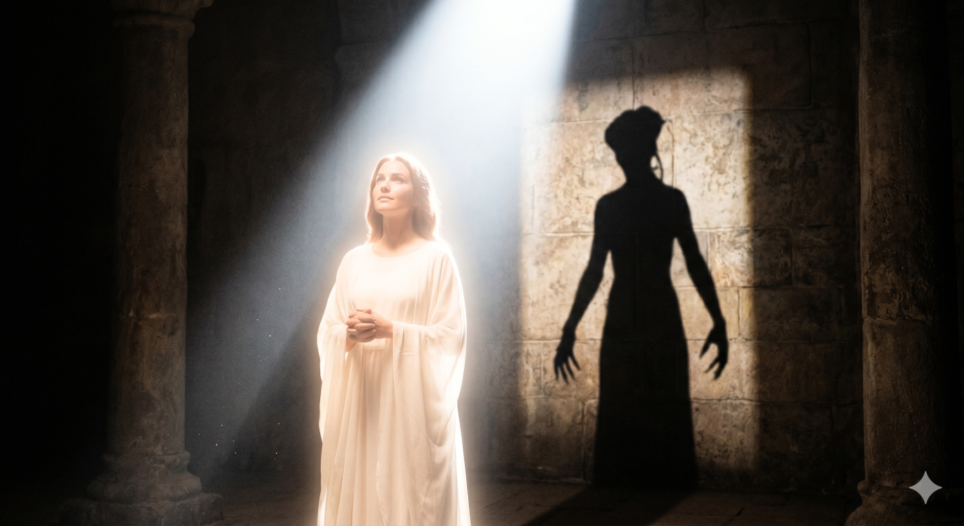 A glowing, radiant woman stands in a pure beam of light, but behind her, the dark shadow on the wall reveals a sinister, clawed silhouette, symbolizing demonic deception masking as light.