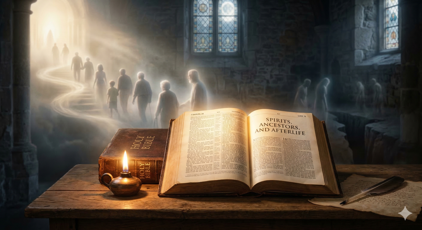 An open Holy Bible on a wooden table, illuminated by a candle, displaying the title 'Spirits, Ancestors, and Afterlife.' In the background, ghostly figures walk a light path through ancient stone arches, while others remain in shadow, referencing Luke 16.