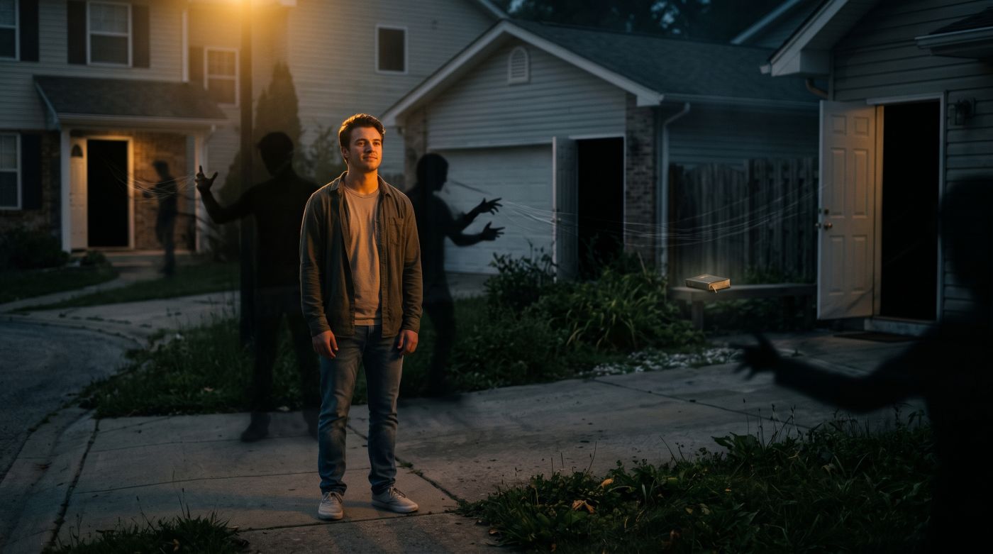A young man stands confidently on a suburban sidewalk illuminated by a streetlight at twilight, unaware of dark shadowy silhouettes manipulating invisible strings around him toward partially open doors, with a faintly glowing closed Bible resting nearby.